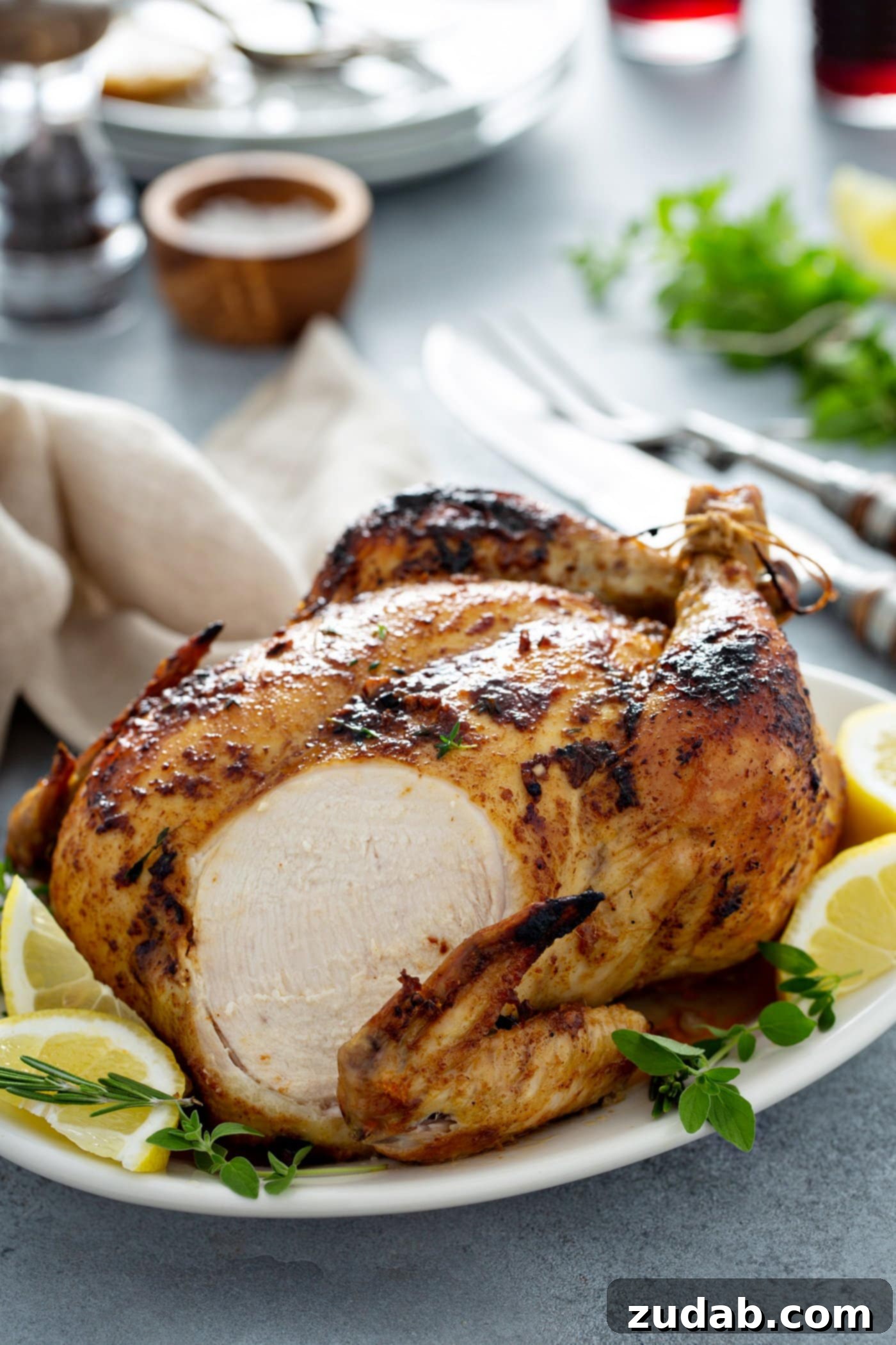 A whole roasted chicken, with a perfectly carved slice from its golden breast, rests on a white platter. Fresh thyme and bright lemon wedges surround it. A knife and fork, a linen napkin, salt, and pepper shakers are neatly arranged on the table.