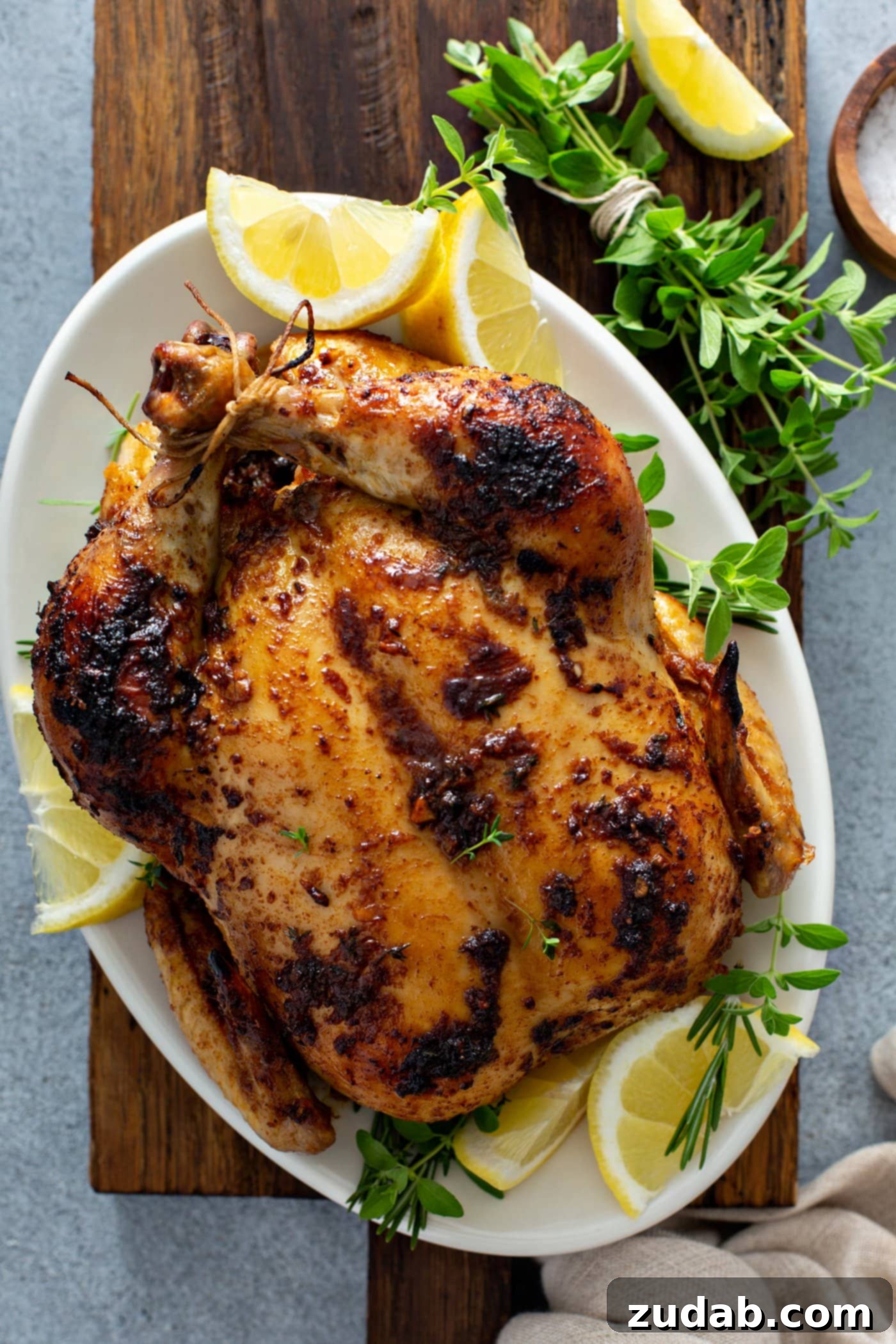 A whole chicken roasted to a magnificent golden brown, presented on a white platter. It's garnished with several slices of fresh lemon and fragrant sprigs of thyme, inviting a delicious meal.