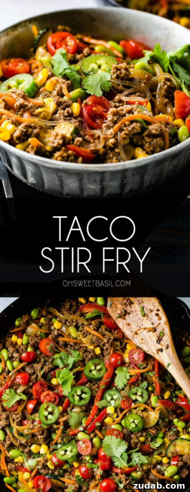Fiesta Skillet Stir-Fry 7 A beautifully presented bowl of taco stir fry, highlighting the mix of corn, zucchini, jalapenos, tomatoes, pasta, and ground beef for a comforting and delicious meal.