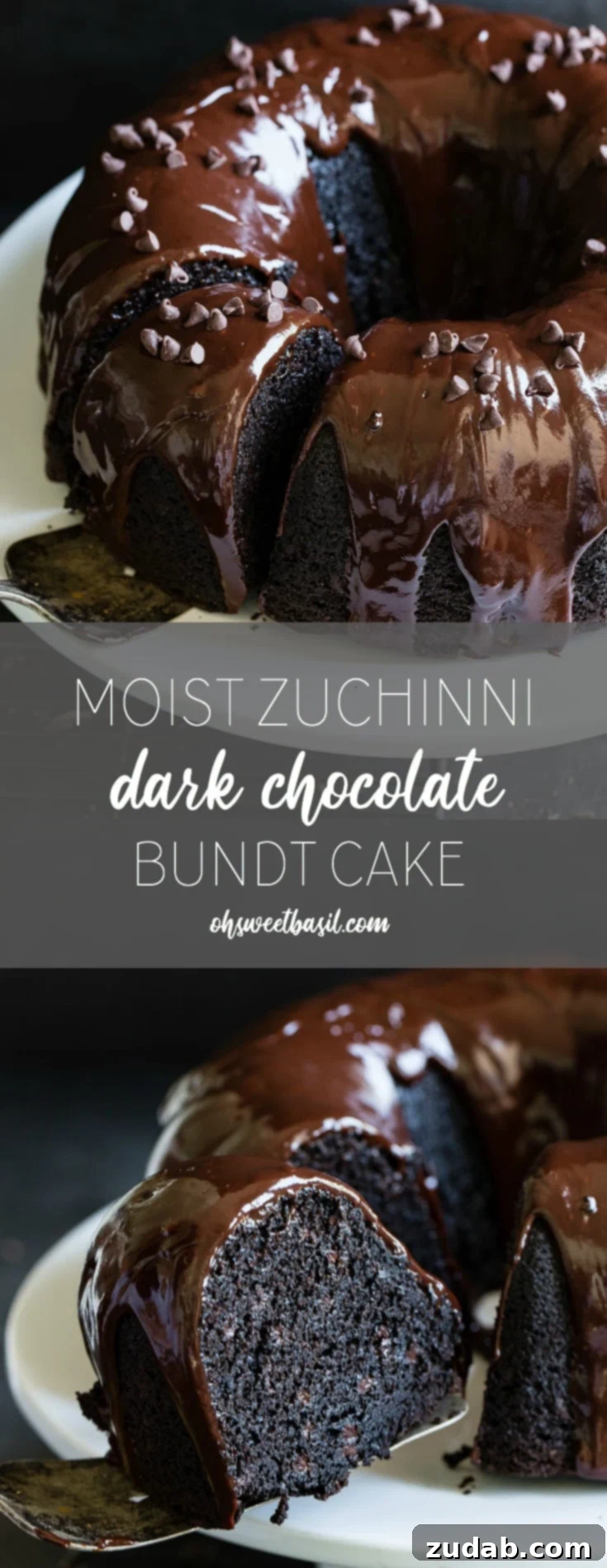 Fudgy Dark Chocolate Zucchini Bundt 3 A slice of cocoa veggie cake being removed from the cake. The inside of the cake is dark and moist and there is a glaze on top of the cake.