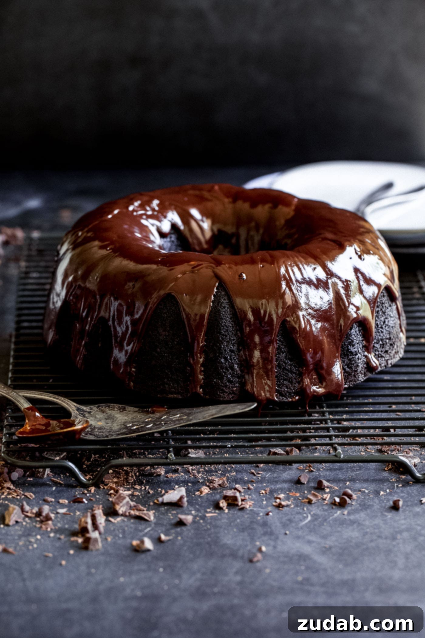 Moist Zucchini Dark Chocolate Bundt Cake A zucchini chocolate bundt cake with a rich chocolate glaze. The cake is on a wire cooling rack and has mini chocolate chips scattered under and around the rack.