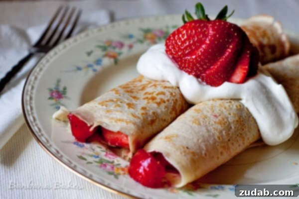 Blissful Berry Crepes 8 Sweet Strawberry Crepes, a classic and refreshing breakfast or dessert option from Barbara Bakes.