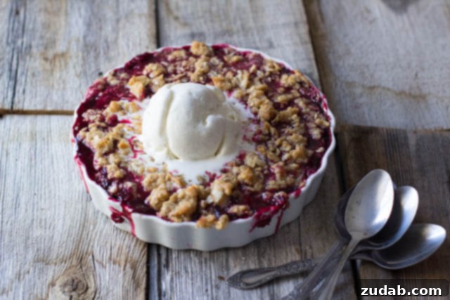 Warm Marionberry Crisp a la Mode 2 A shallow tart dish filled with warm marionberry crisp, topped with a scoop of vanilla ice cream beginning to melt.