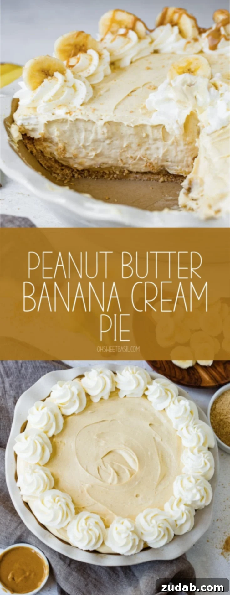 Heavenly Peanut Butter Banana Cream Pie 2 A peanut butter banana cream pie with a slice of pie removed. The pie is topped with whipped cream and sliced bananas around the edge.