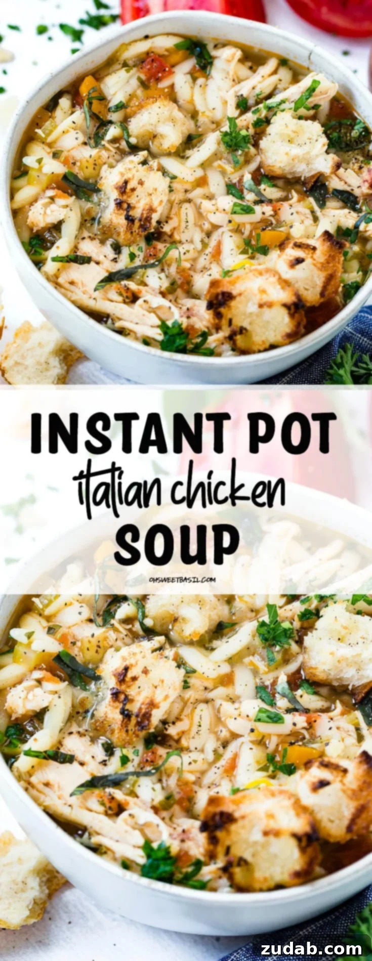 Hearty Instant Pot Italian Chicken Soup 5 A final, enticing close-up of a bowl of Instant Pot Italian Chicken Soup, adorned with vibrant fresh herbs and golden crusty bread, inviting you to savor its warmth.