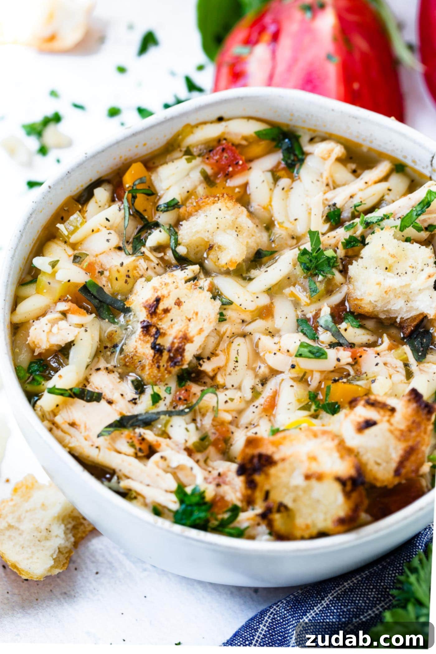 Instant Pot Italian Chicken Soup A close-up shot of Instant Pot Italian Chicken Soup in a large white bowl, garnished with fresh parsley and generous pieces of crusty bread, ready for a comforting meal.