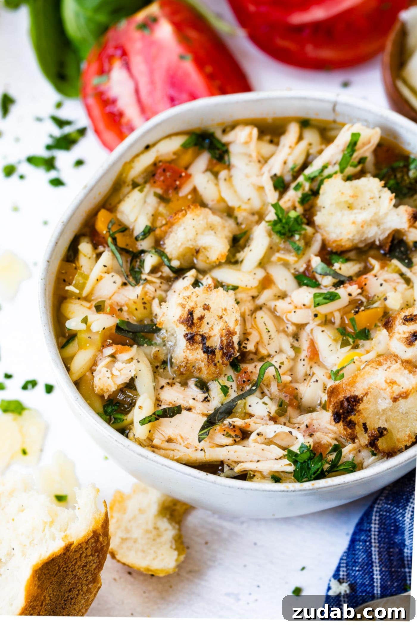 Instant Pot Italian Chicken Soup A rustic wooden spoon resting in a bowl of Instant Pot Italian Chicken Soup, highlighting the rich broth, tender chicken, and small orzo pasta, with fresh herbs and bread in the background.
