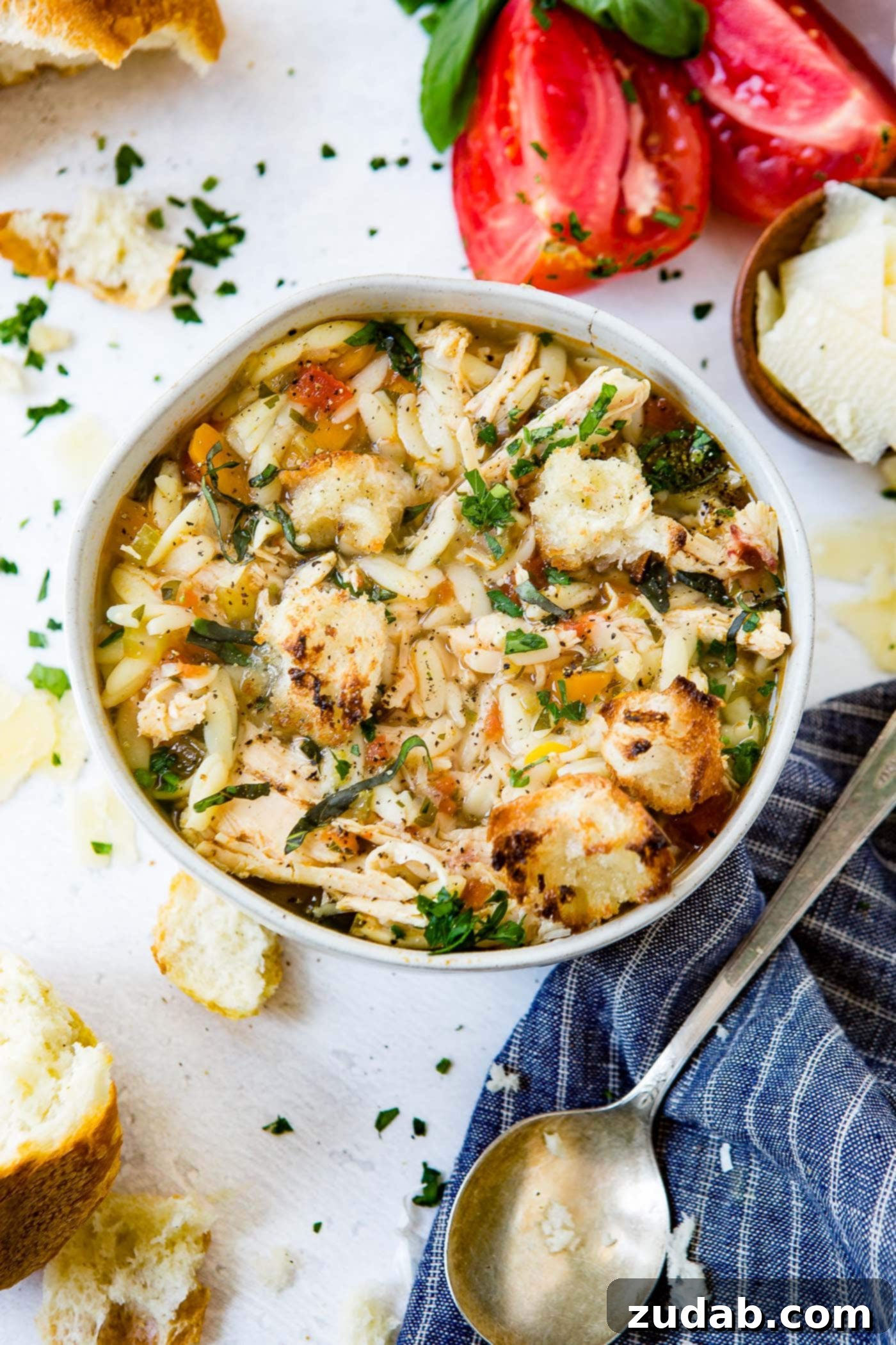 Instant Pot Italian Chicken Soup A vibrant bowl of Instant Pot Italian Chicken Soup, garnished with a medley of fresh herbs and toasted crusty bread, ready to serve on a cool evening.