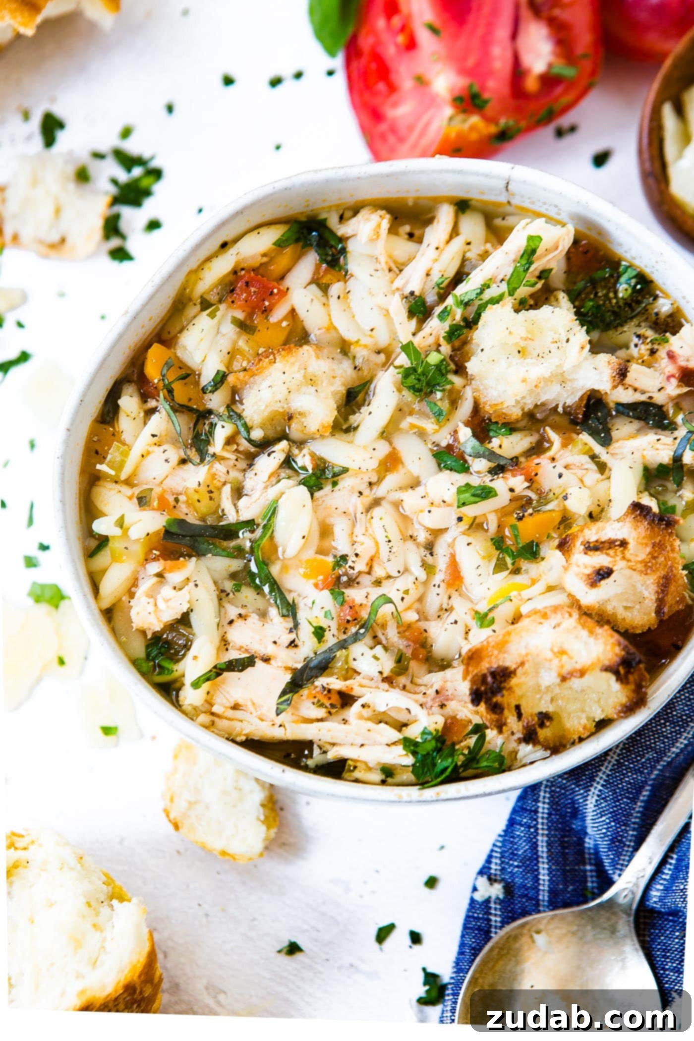 Instant Pot Italian Chicken Soup A beautiful bowl of Instant Pot Italian Chicken Soup, garnished with fresh herbs, a lemon slice, and crusty bread, ready for a comforting and satisfying meal.
