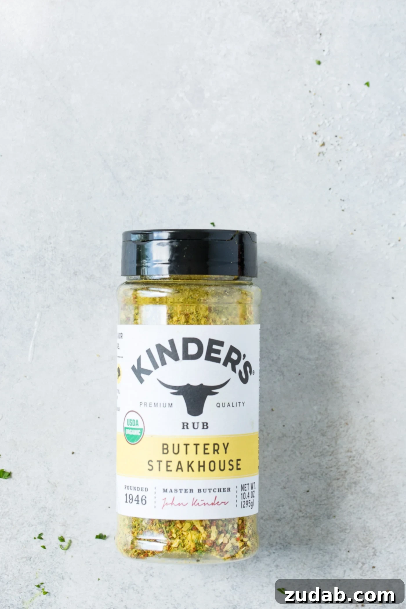 Roasted Veggies a photo of a container of Kinder's Buttery Steakhouse rub sitting on the counter