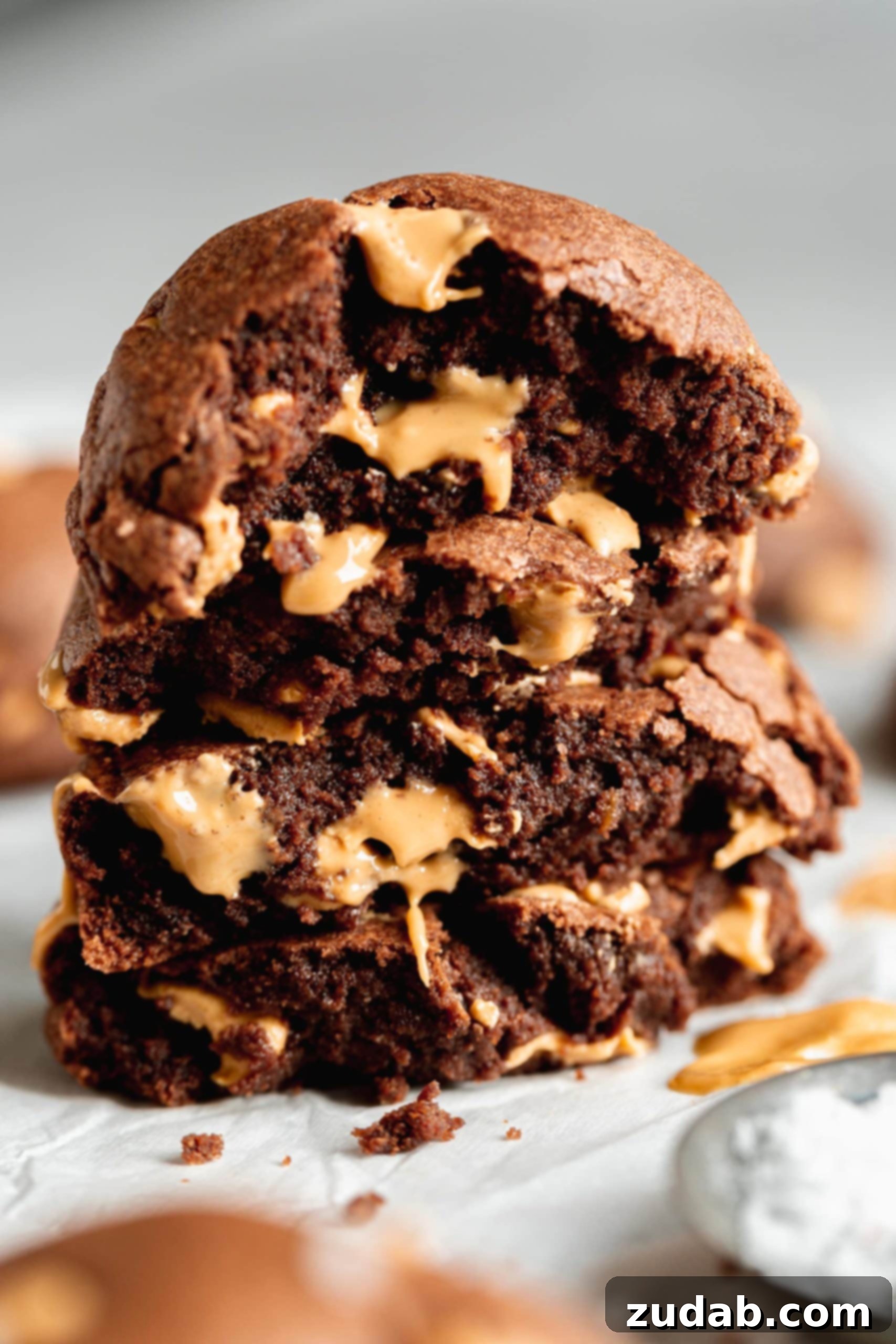 Chocolate Peanut Butter Chip Cookies Two halves of a chocolate peanut butter chip cookie stacked, showing the soft texture and peanut butter chips within.