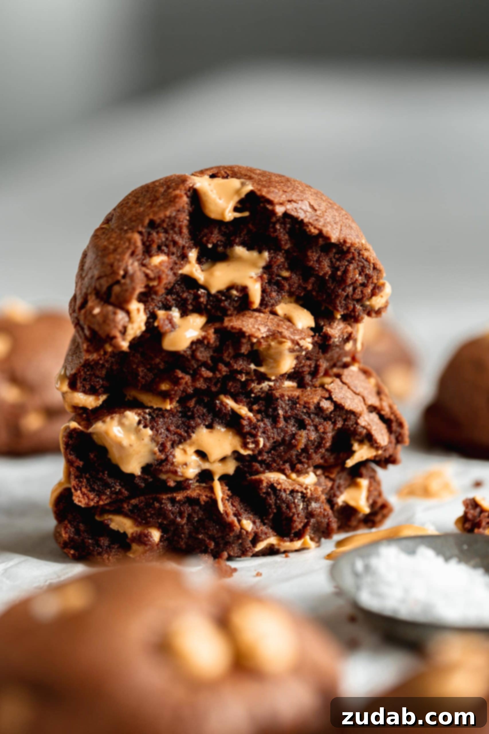 Chocolate Peanut Butter Chip Cookies A chocolate peanut butter cookie broken open, revealing its soft, chocolatey interior studded with peanut butter chips.