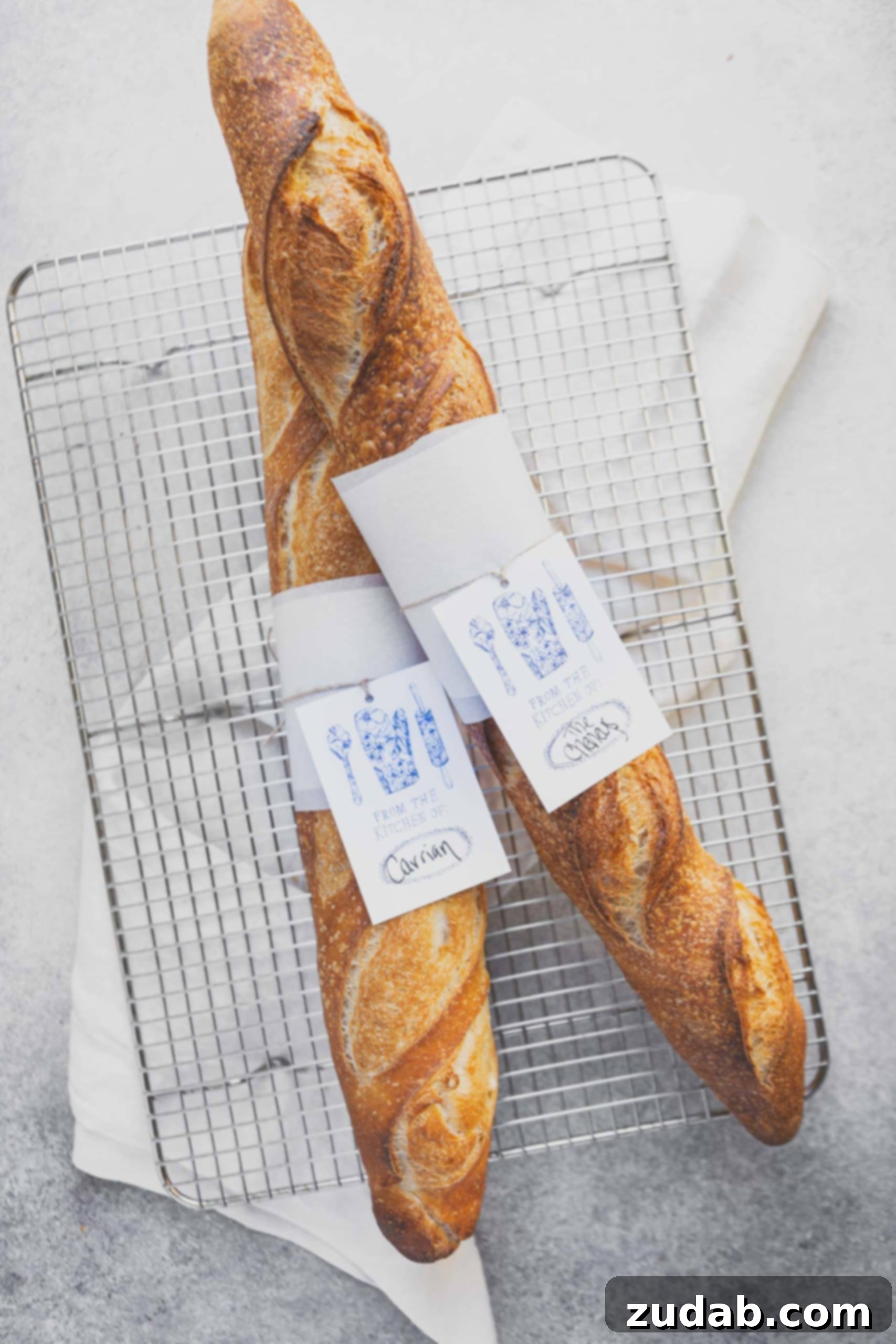 Homemade Baguette Two freshly baked baguettes on a cooling rack. The baguettes have a paper wrap and tag around the center of the loaf, highlighting their artisanal quality.