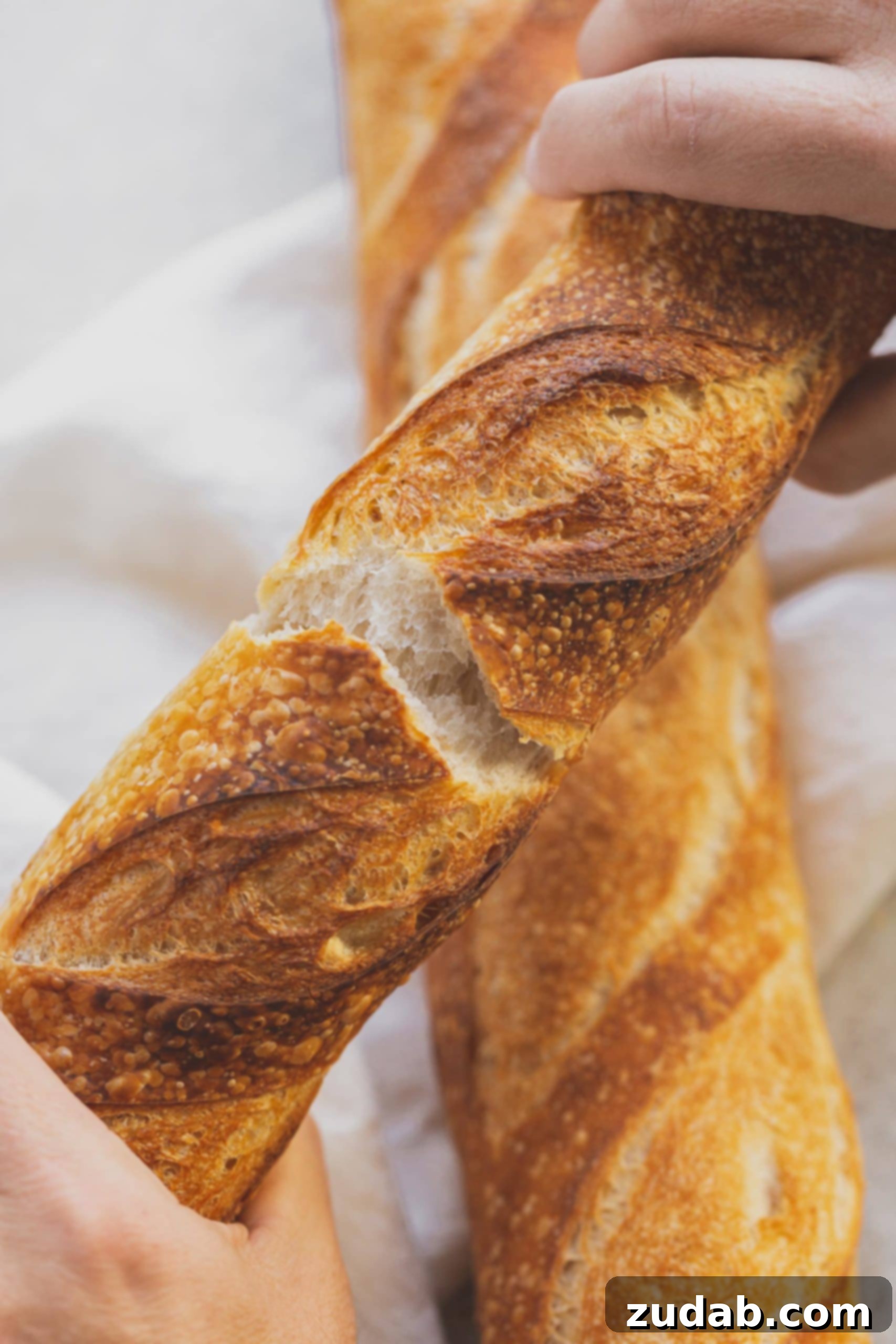 Best Homemade Baguette Two loaves of baguette bread, criss-crossed on a surface, with the top loaf broken open to reveal its soft, airy interior. This highlights the perfect balance of a crispy crust and a tender crumb achieved with this baguette recipe.