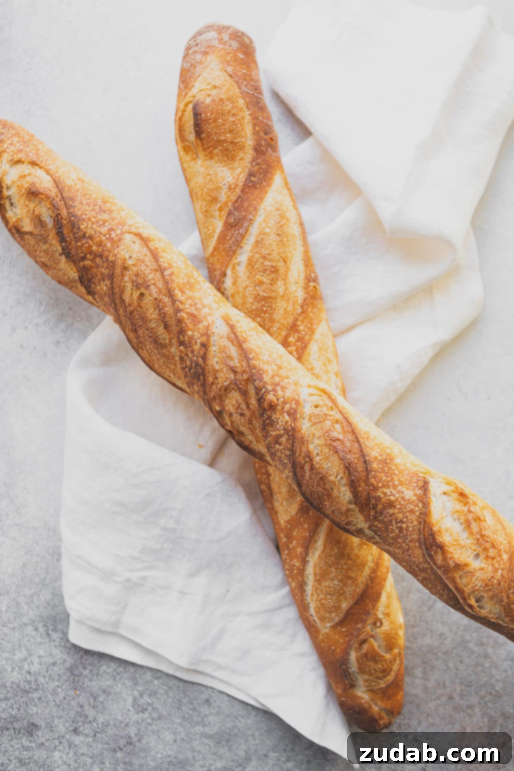 Easy Homemade Baguette Recipe 3 Two loaves of fresh baguettes on a white tea towel, baked to a perfect golden brown, ready to be enjoyed. This image captures the delicious outcome of this easy baguette recipe.