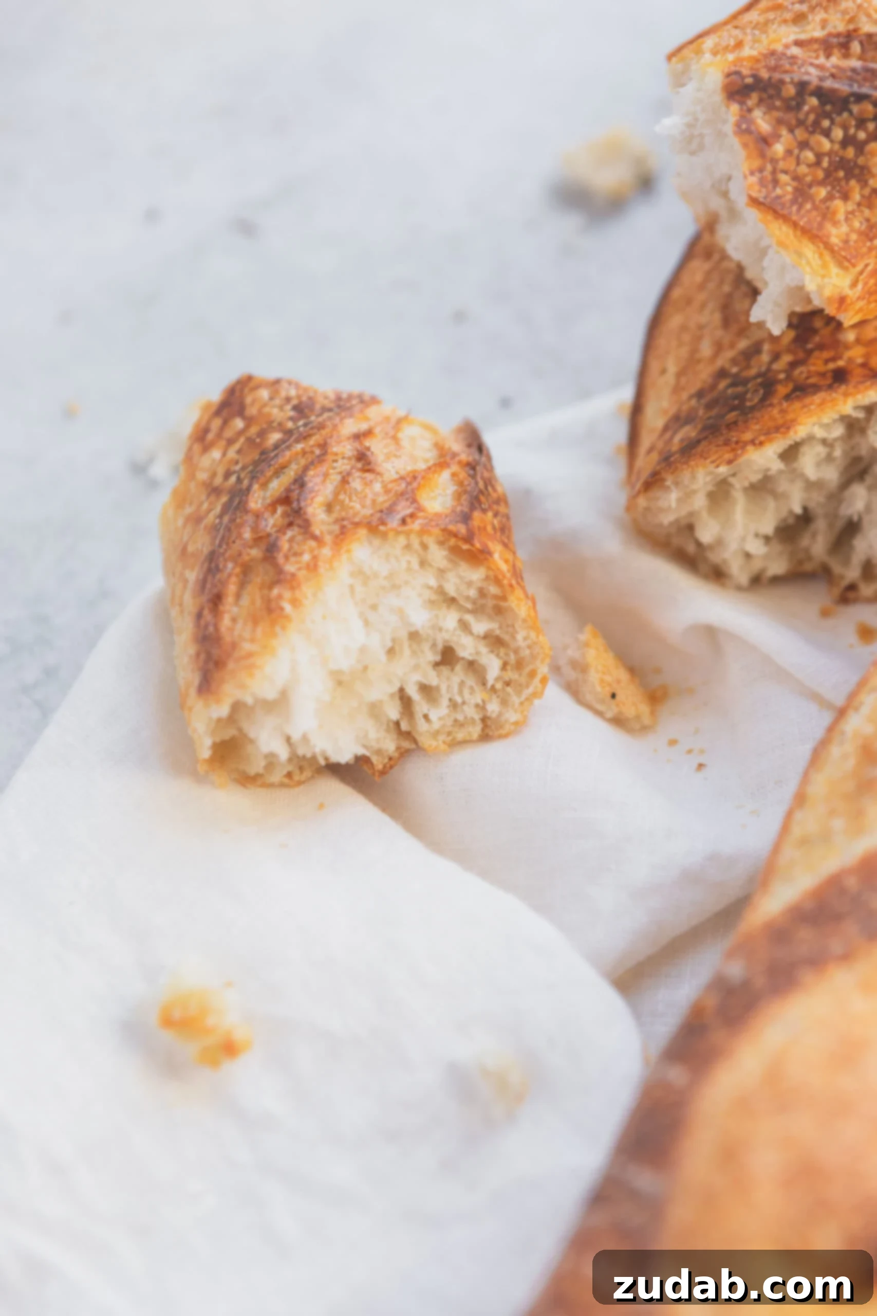 Easy Homemade Baguette Recipe 4 A couple of broken pieces of freshly baked baguette, showcasing their crispy exterior and soft, airy interior. This close-up highlights the perfect texture achieved with this baguette recipe.