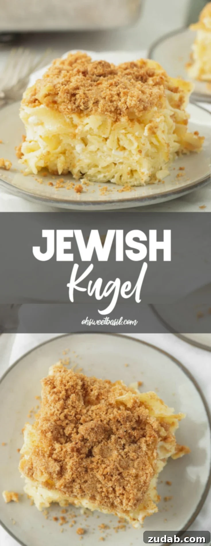Heartwarming Jewish Kugel 3 A serving of Jewish Kugel on a small white plate. There are noodles in a creamy sauce and a graham cracker crumb topping. A casserole pan and another serving of kugel are in the background.