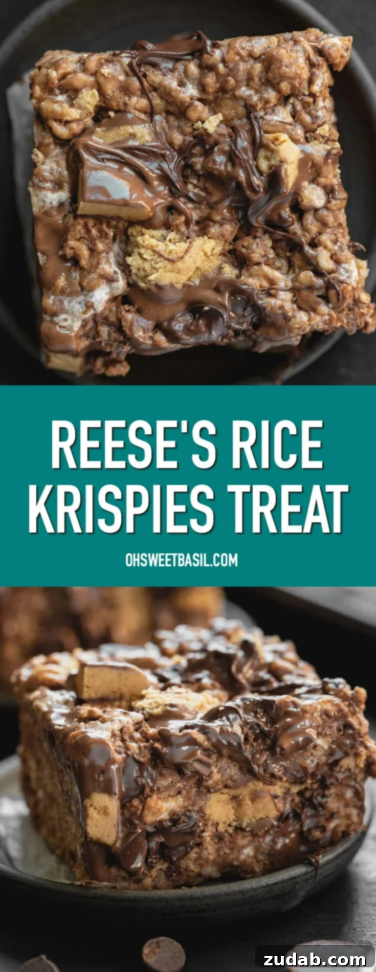 Reeses Peanut Butter Cup Krispie Treats 3 A photo of a rice krispies treat loaded with Reese's Peanut Butter Cups and melted chocolate chips on a small plate with a few chocolate chips and whole mini Reese's cups in the foreground.