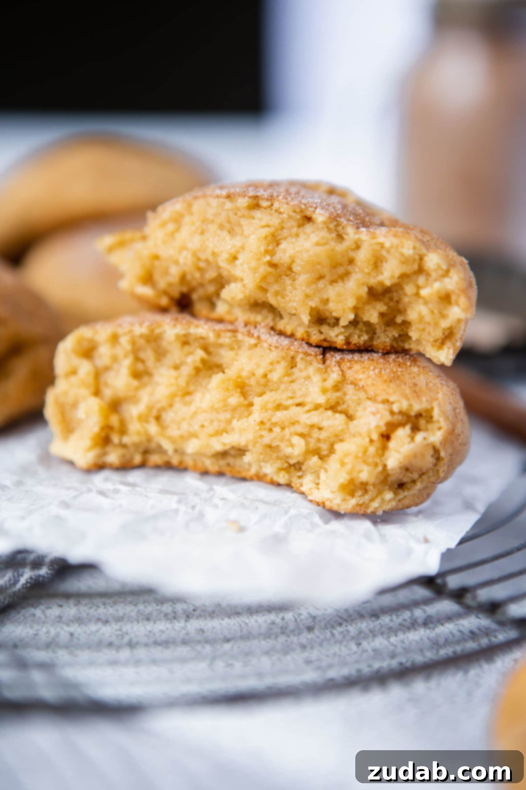 The Secret to Thick Snickerdoodle Cookie Texture A perfectly baked snickerdoodle cookie broken in half, with the two halves stacked, showcasing its incredibly soft, moist, and delightfully crumbly interior. It's a testament to its thick and chewy texture.