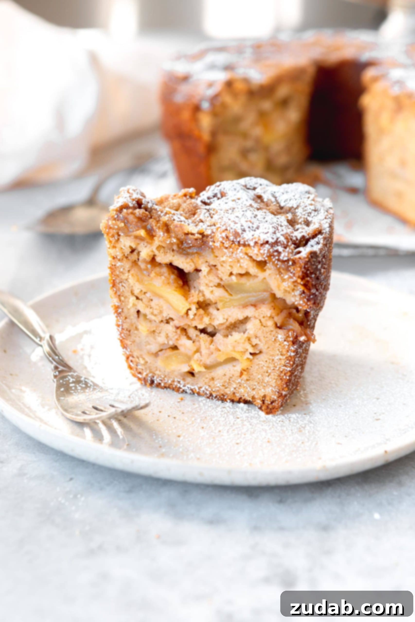 Jewish Apple Cake A slice of Jewish apple cake on a white dessert plate with a fork next to it. The cake is dense and filled with apple slices and there is powdered sugar on top.