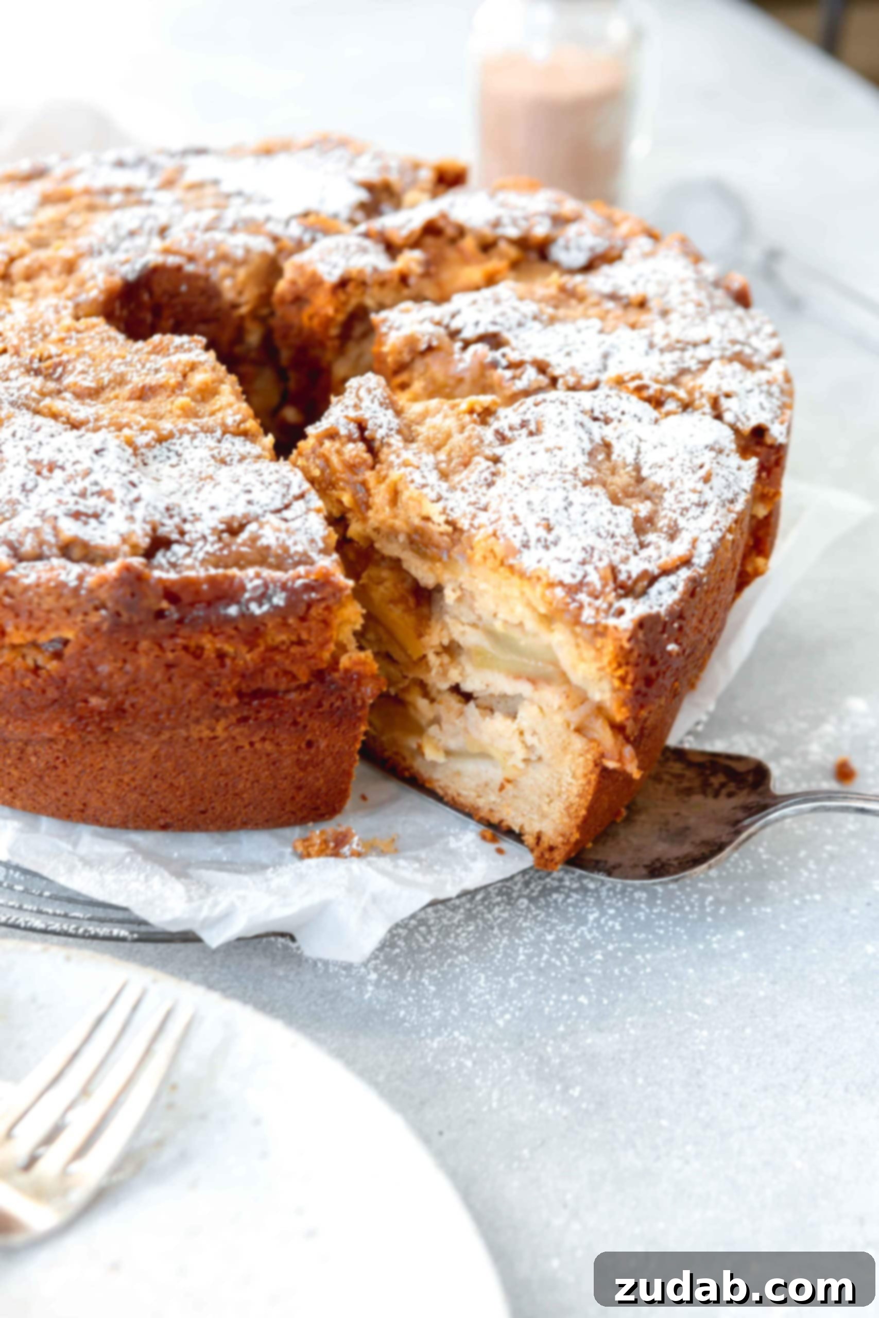 Jewish Apple Cake A Jewish apple cake with a couple of slices cut. You can see slices of apples and powdered sugar on top.