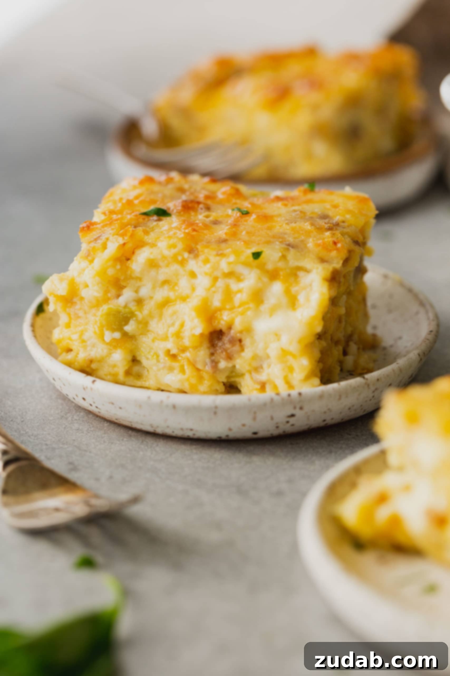 The Most Delicious Sausage Monterey Jack Soufflé A generous serving of sausage Monterey Jack soufflé, light and spongey with visible bits of sausage and melted cheese.