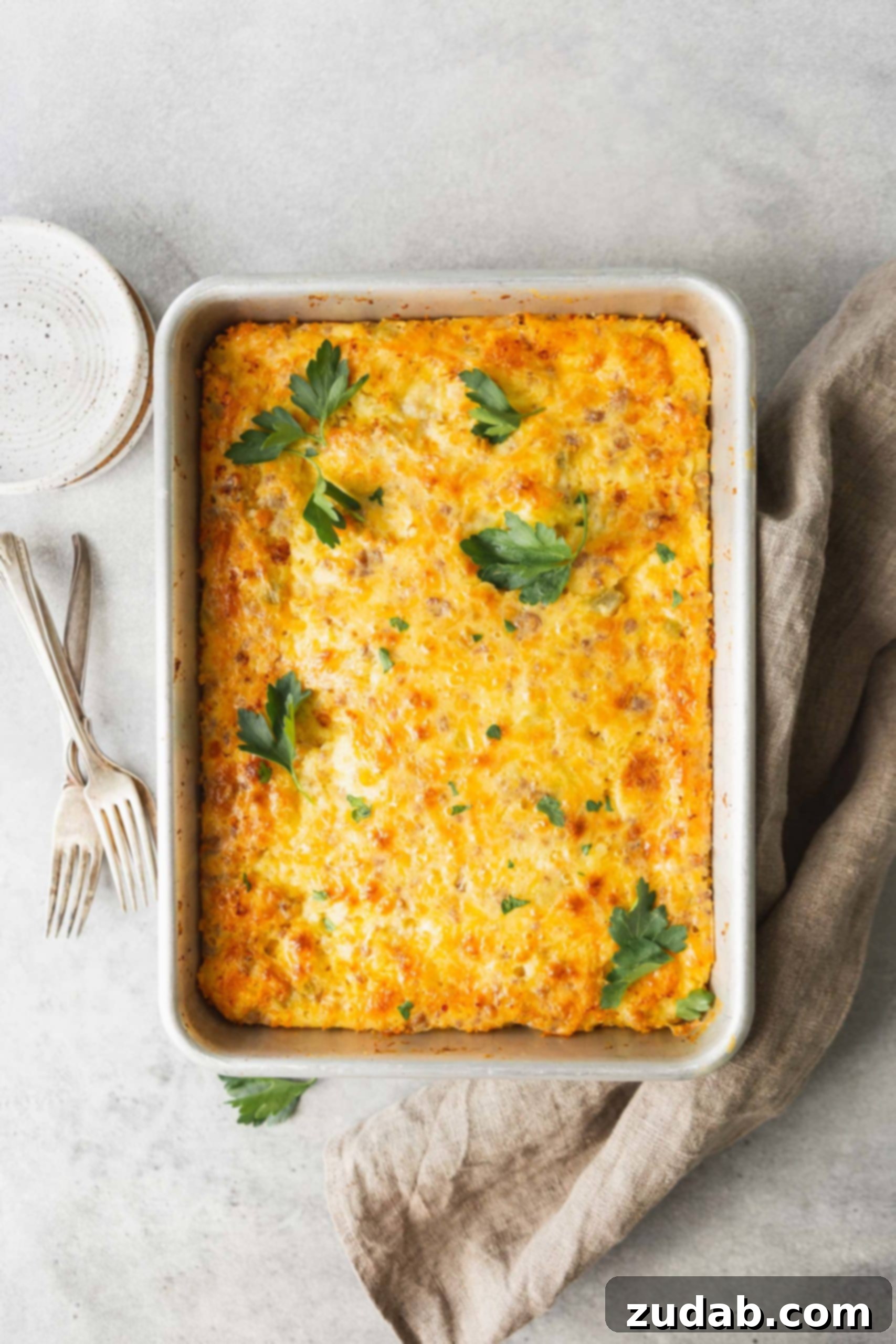 The Most Delicious Sausage Monterey Jack Soufflé A casserole dish filled with golden-yellow sausage Monterey Jack soufflé, showcasing bits of sausage and luscious melted cheese.