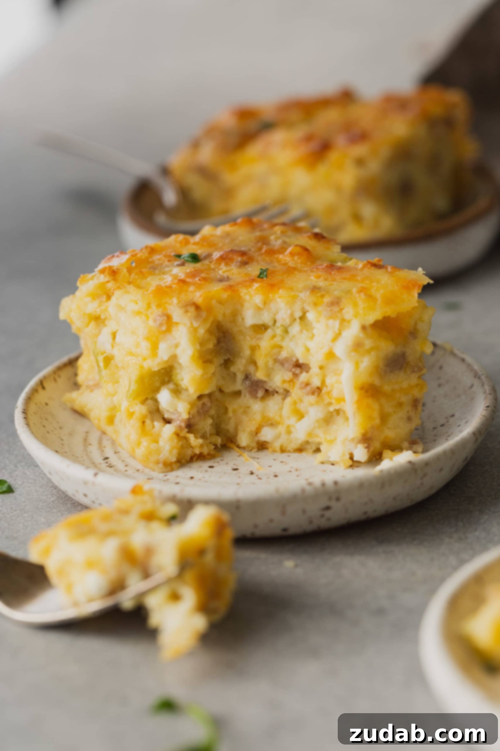 The Most Delicious Sausage Monterey Jack Soufflé A serving of cheesy sausage Monterey Jack soufflé with a fork, highlighting its light, fluffy texture and delicious melted cheese.