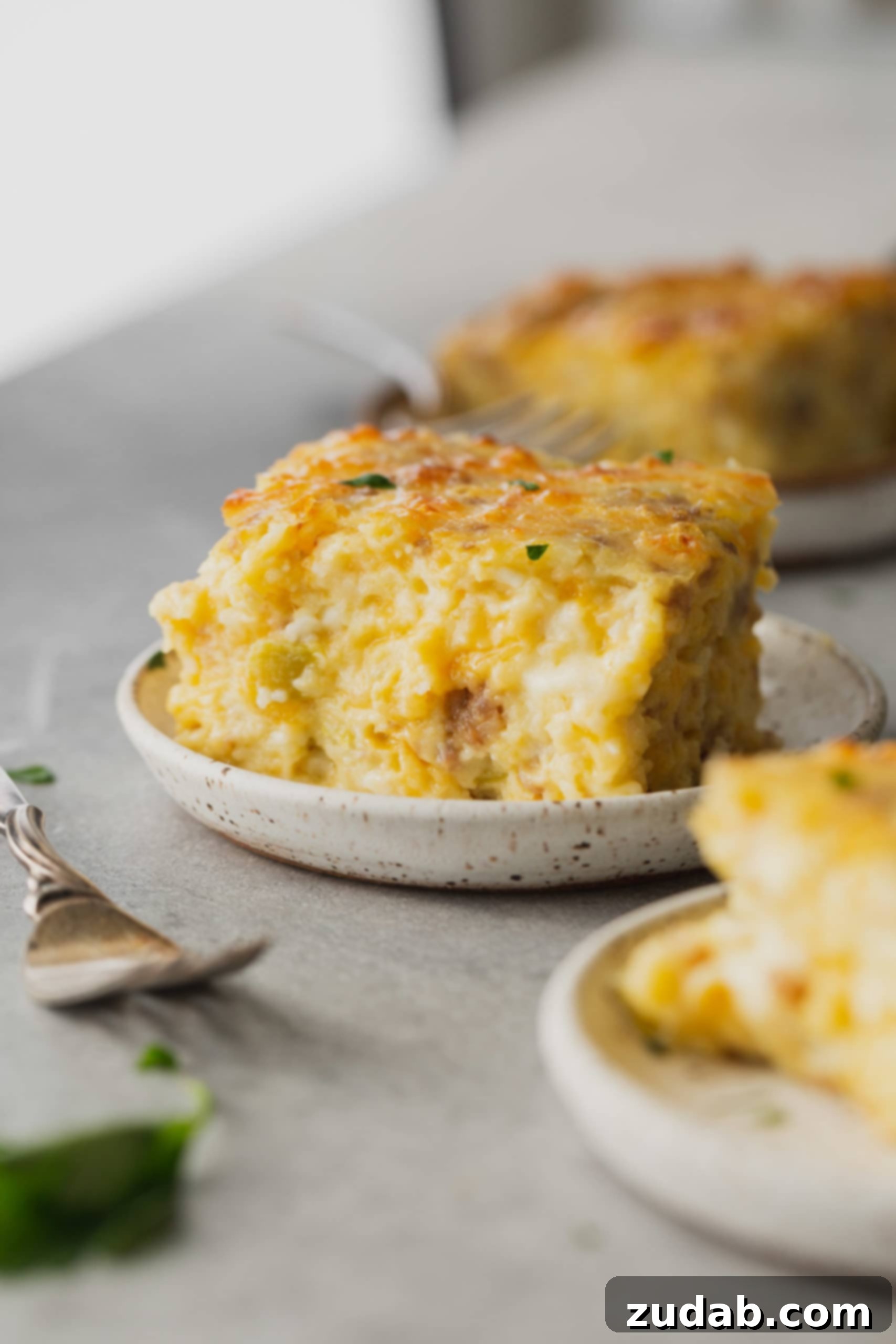 The Most Delicious Sausage Monterey Jack Soufflé A close-up of a serving of sausage Monterey Jack soufflé, showing its light texture and cheesy interior with sausage bits.