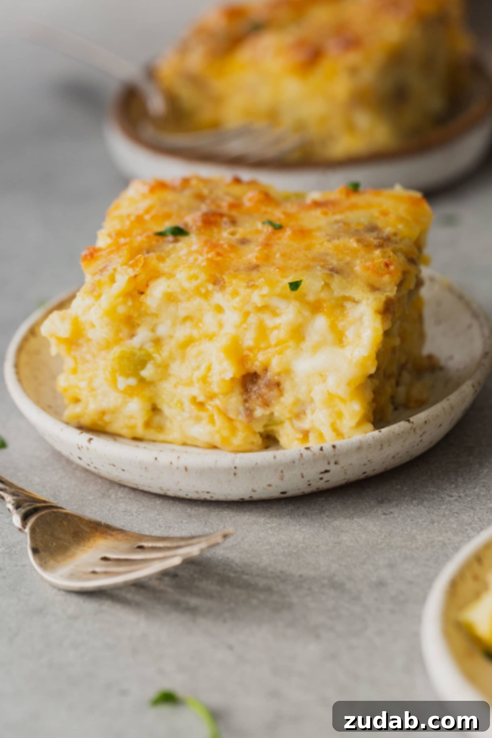 The Most Delicious Sausage Monterey Jack Soufflé A serving of Sausage Monterey Jack soufflé on a plate with a fork nearby, showcasing its appetizing texture and cheesy goodness.
