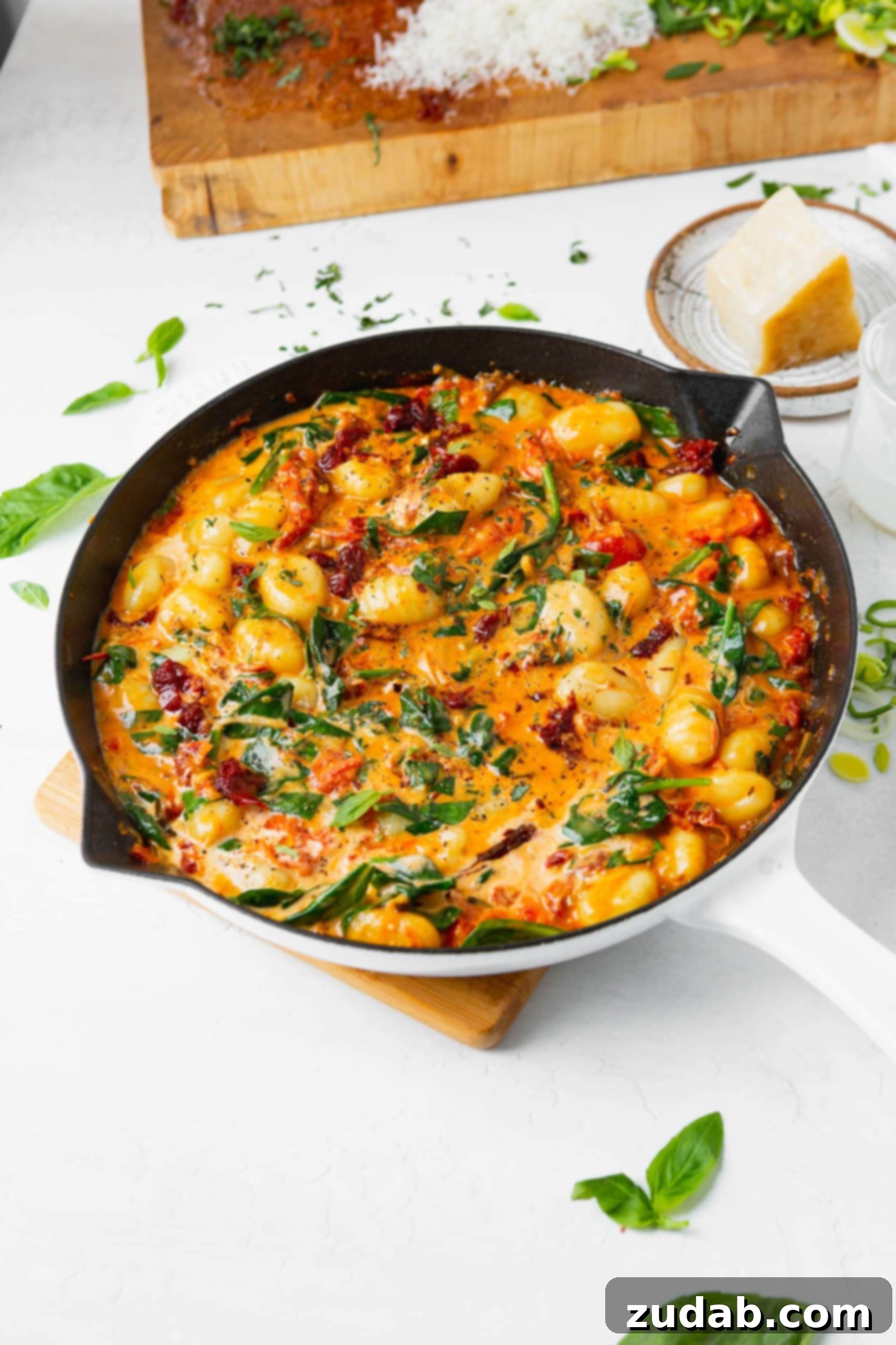 Creamy Sun Dried Tomato and Spinach Gnocchi - A Weeknight Favorite A vibrant cast iron skillet brimming with creamy sun-dried tomato and spinach gnocchi, ready to be served.