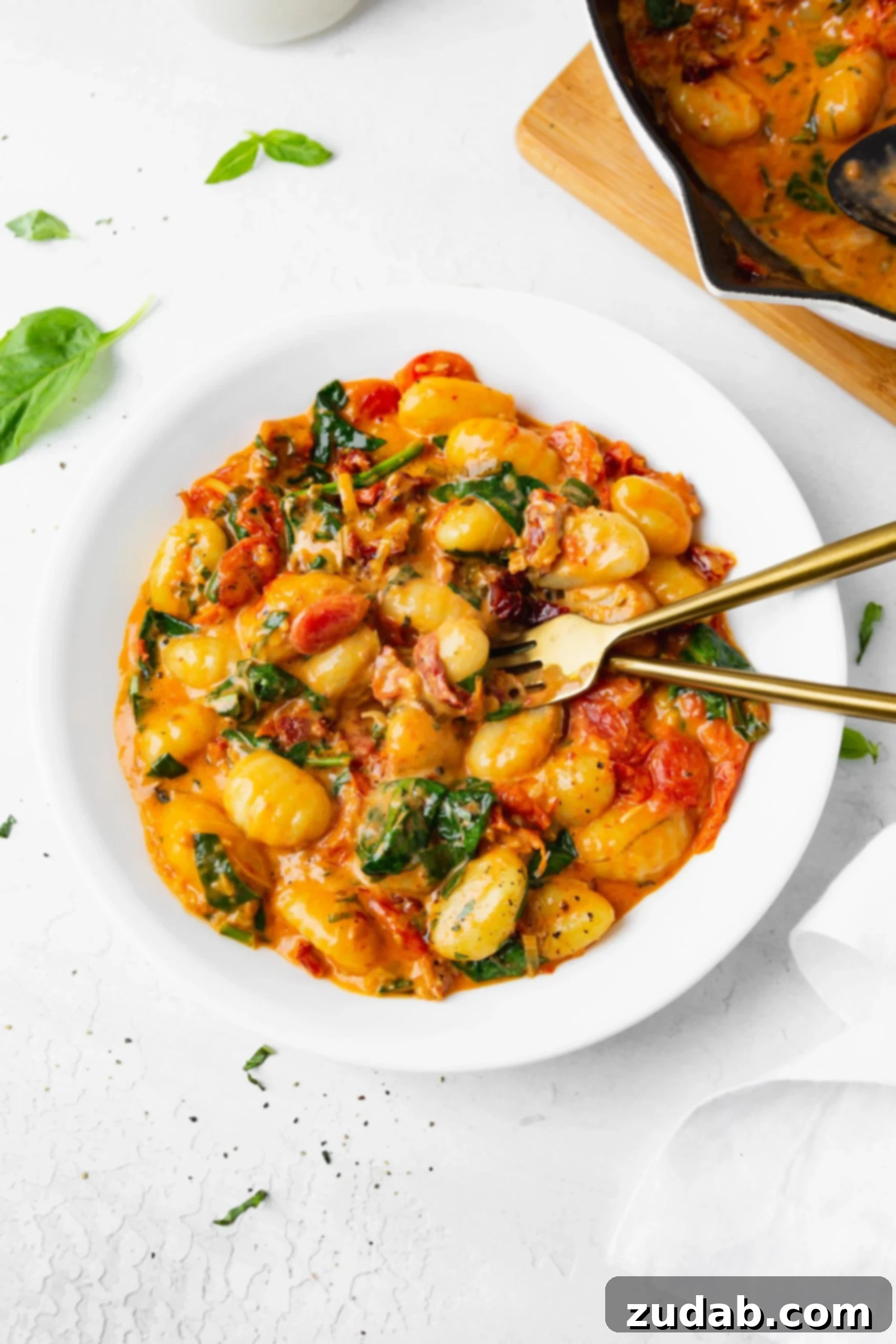 Gnocchi Ready to Eat A pristine white bowl filled with creamy sun-dried tomato and spinach gnocchi, with a fork and spoon resting inside, ready for enjoyment.