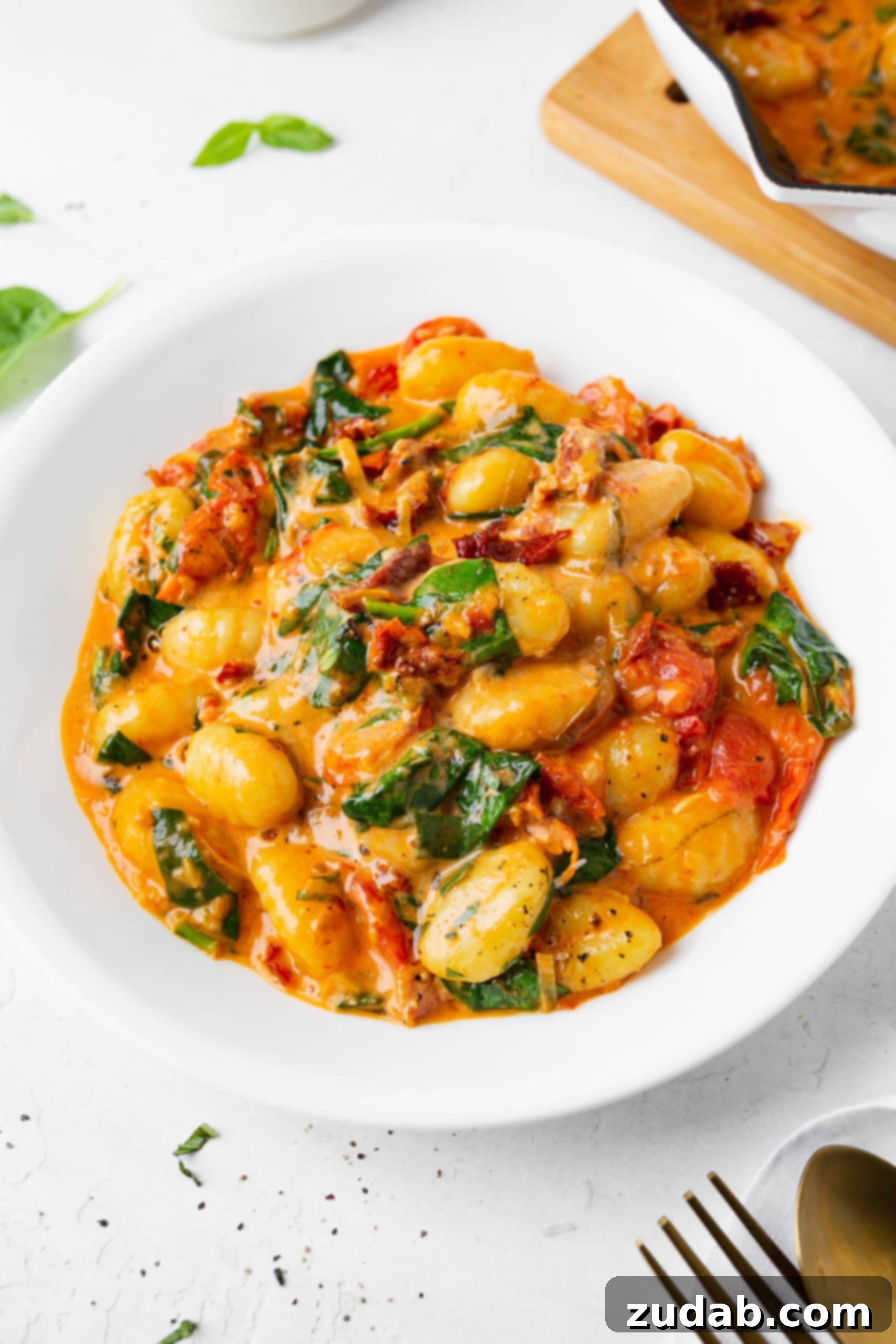 Close-up of Creamy Gnocchi A close-up view of a white bowl showcasing creamy sun-dried tomato and spinach gnocchi, highlighting its rich texture and vibrant colors.