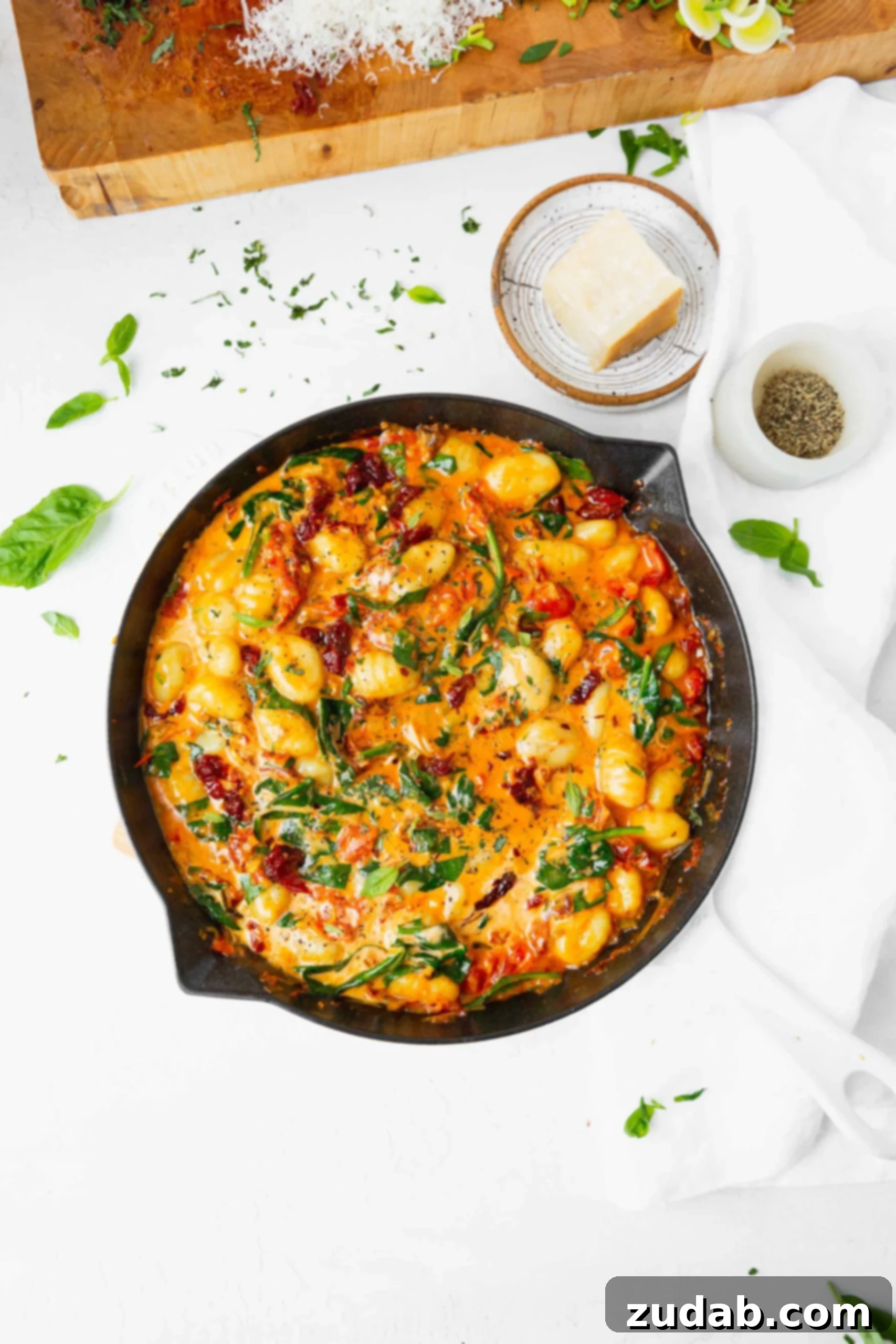 Hearty Skillet Gnocchi A cast iron skillet generously filled with creamy sun-dried tomato and spinach gnocchi, highlighting its comforting and rustic appeal.