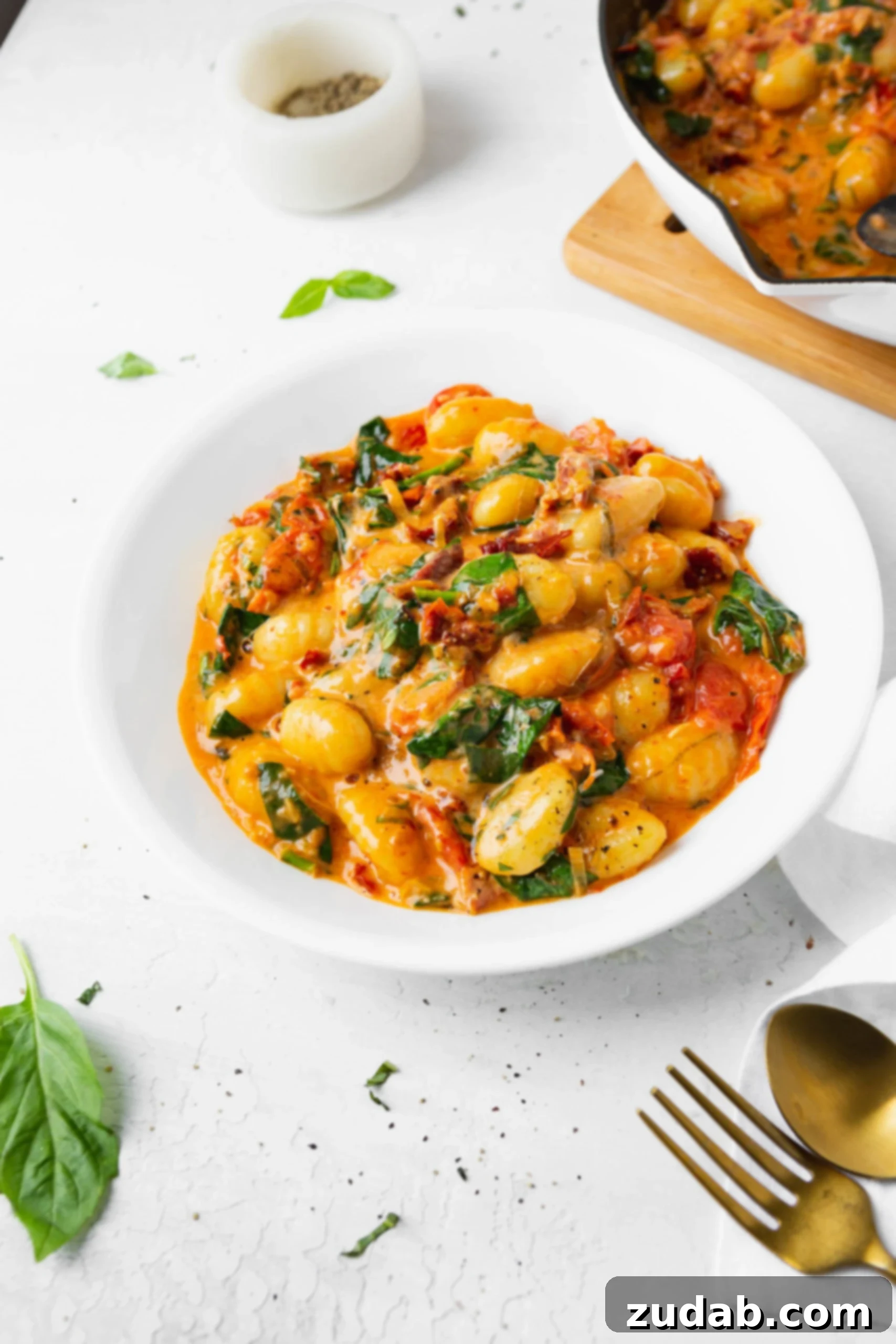 Full Bowl of Gnocchi A white bowl abundant with creamy sun-dried tomato and spinach gnocchi, accompanied by a fork and spoon, symbolizing a truly satisfying meal.