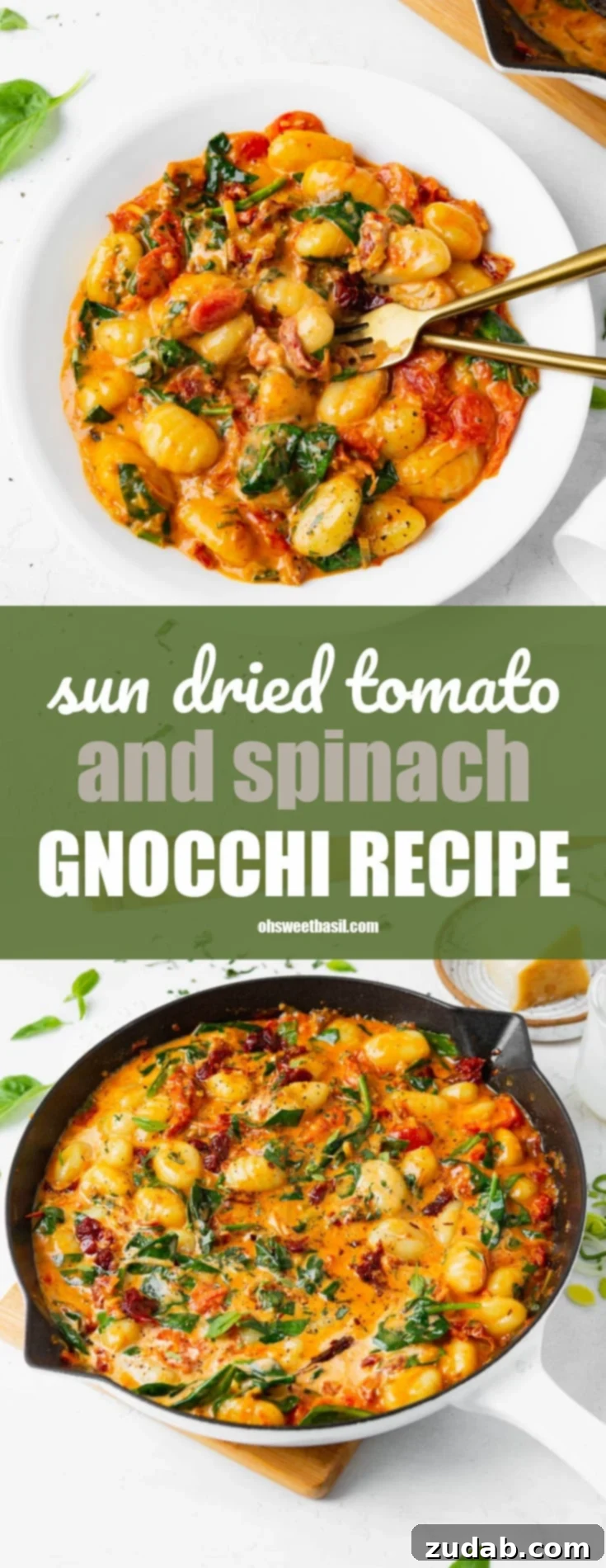 Velvety Sun-Dried Tomato Spinach Gnocchi 3 A cast iron skillet overflowing with creamy sun-dried tomato and spinach gnocchi, a tantalizing and hearty meal option.