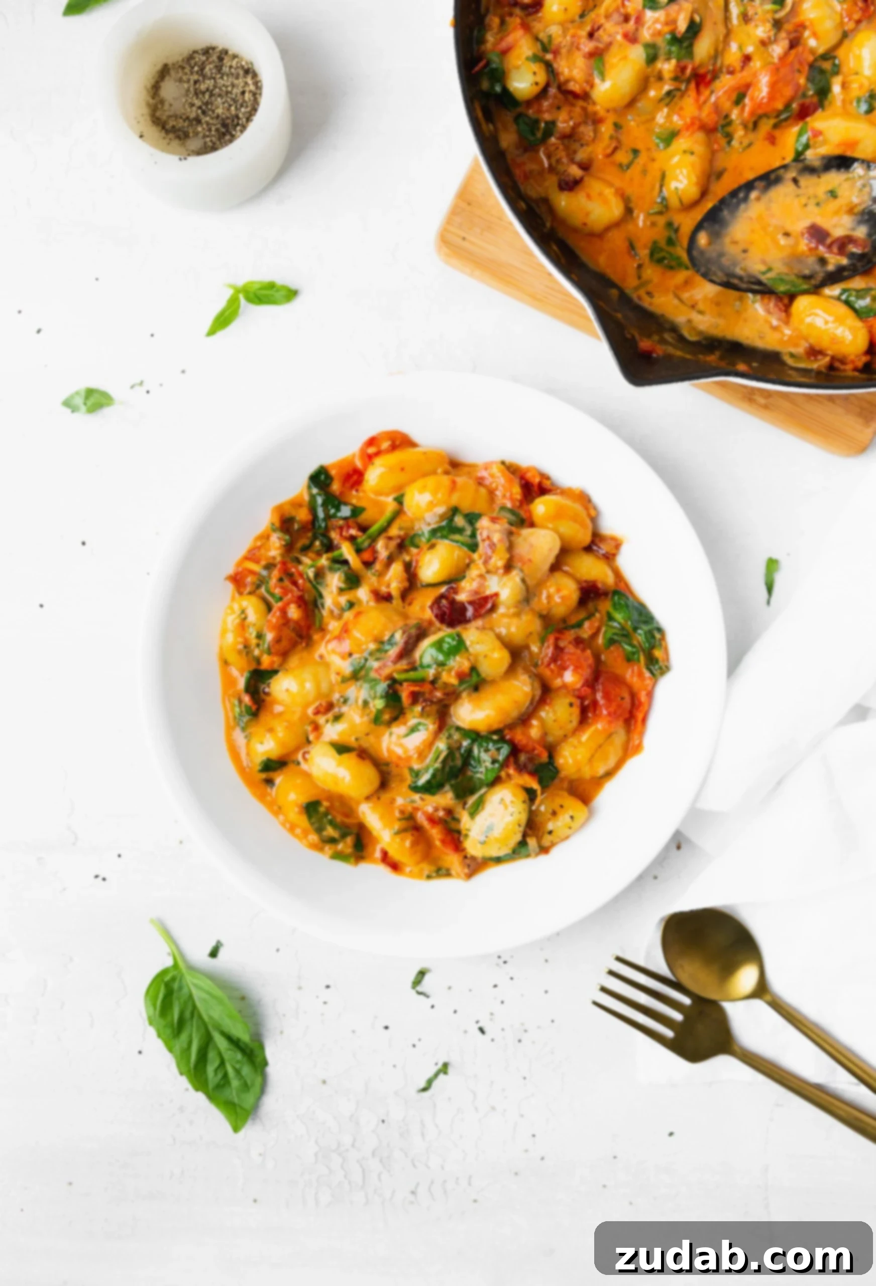 Delicious Creamy Sun Dried Tomato Gnocchi Bowl A white bowl filled with creamy sun-dried tomato and spinach gnocchi, accompanied by a fork and spoon, inviting a delicious meal.