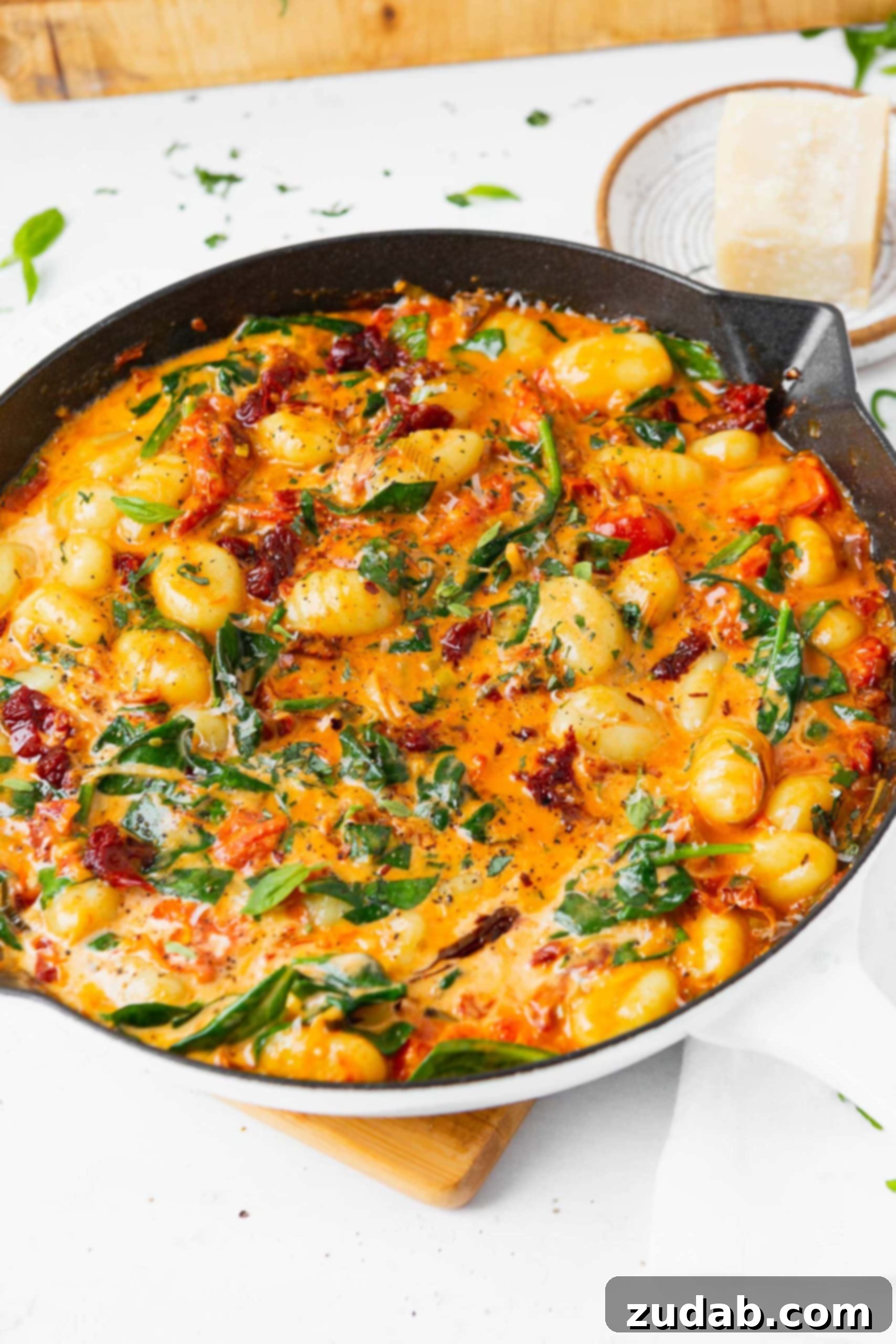 Irresistibly Creamy Sun Dried Tomato Gnocchi A close-up view of a cast iron skillet, showcasing the rich, creamy texture of sun-dried tomato and spinach gnocchi, garnished with fresh herbs.