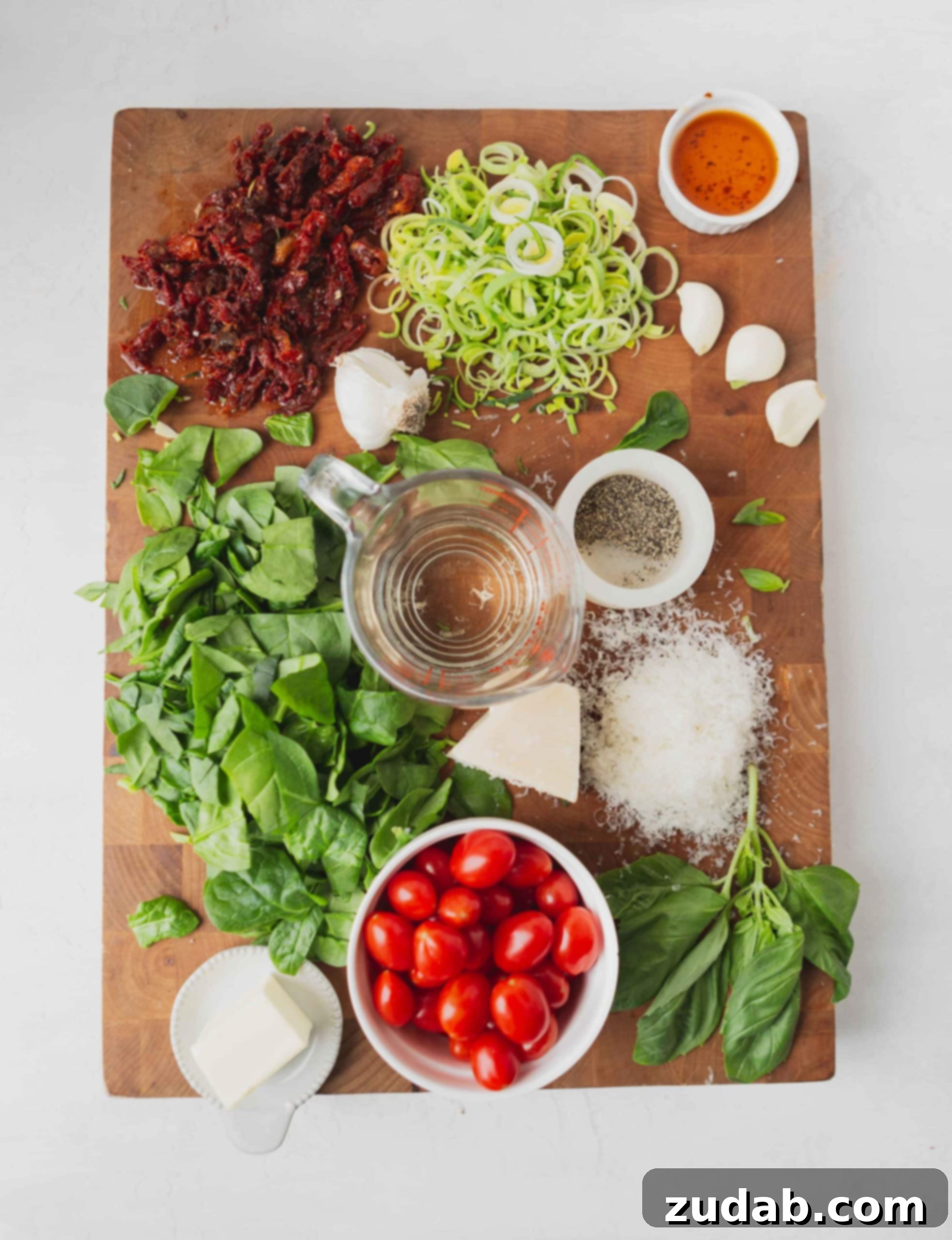 Fresh Ingredients for Gnocchi All the fresh ingredients for creamy sun-dried tomato and spinach gnocchi, meticulously prepped and arranged on a wooden cutting board.