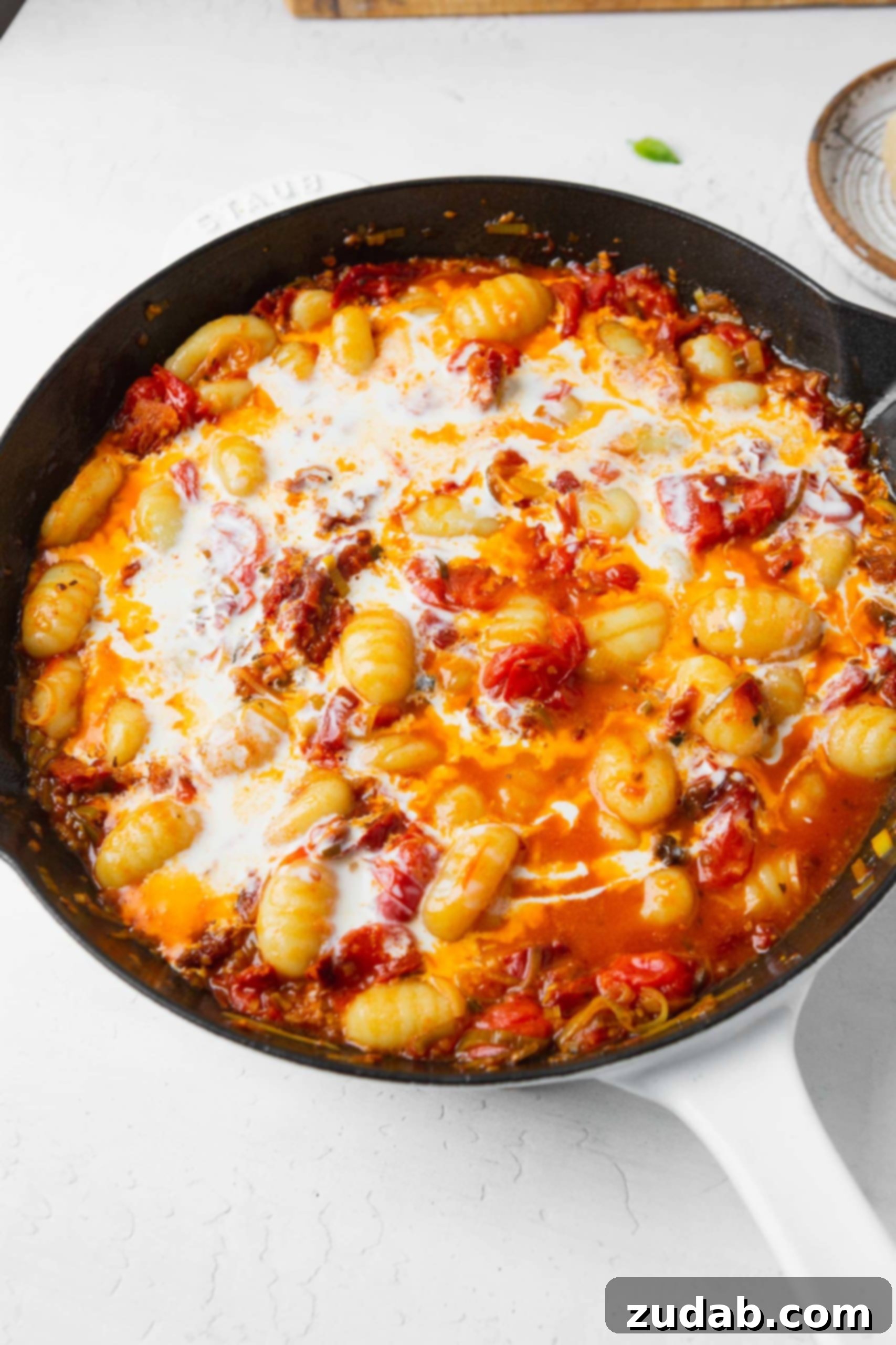Gnocchi with Cream in Skillet Creamy sun-dried tomato gnocchi nestled in a cast iron skillet, with the gnocchi and cream perfectly incorporated into the sauce.