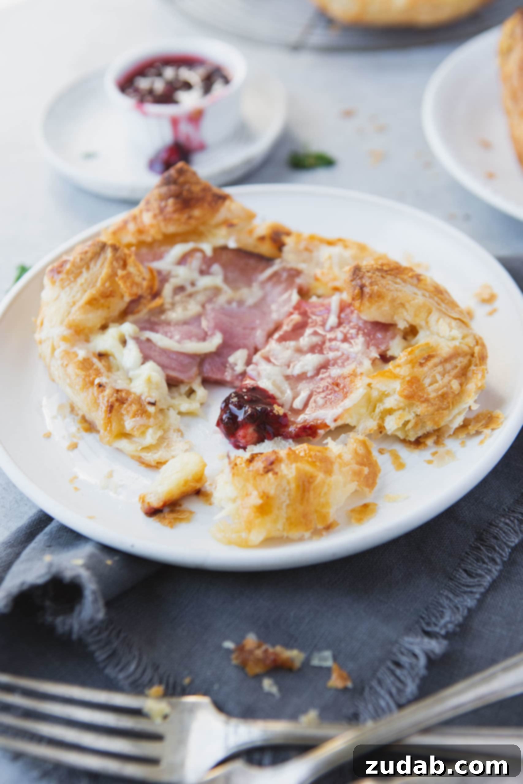 Monte Cristo Puffs A close-up of a warm Monte Cristo Puff, expertly torn to reveal its mouth-watering ham and cheese filling, waiting to be dipped in raspberry jam.