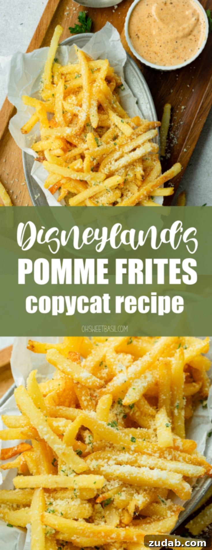 Disneyland's Iconic French Fry Recipe 10 A photo of a dish full of hot, salty Parmesan fries with a dish of Cajun dipping sauce sitting next to it, invitingly presented.
