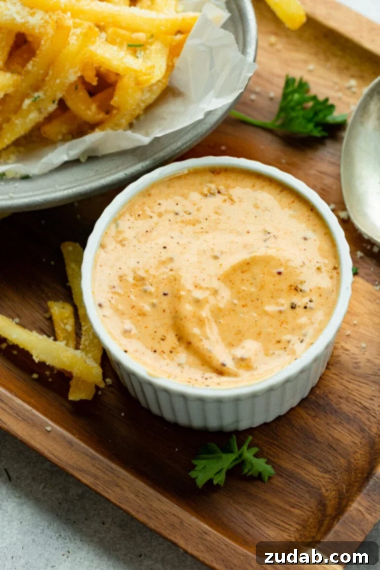 Disneyland's Iconic French Fry Recipe 3 A close-up photo of a ramekin filled with golden Cajun dipping sauce, surrounded by perfectly golden-brown French fries.