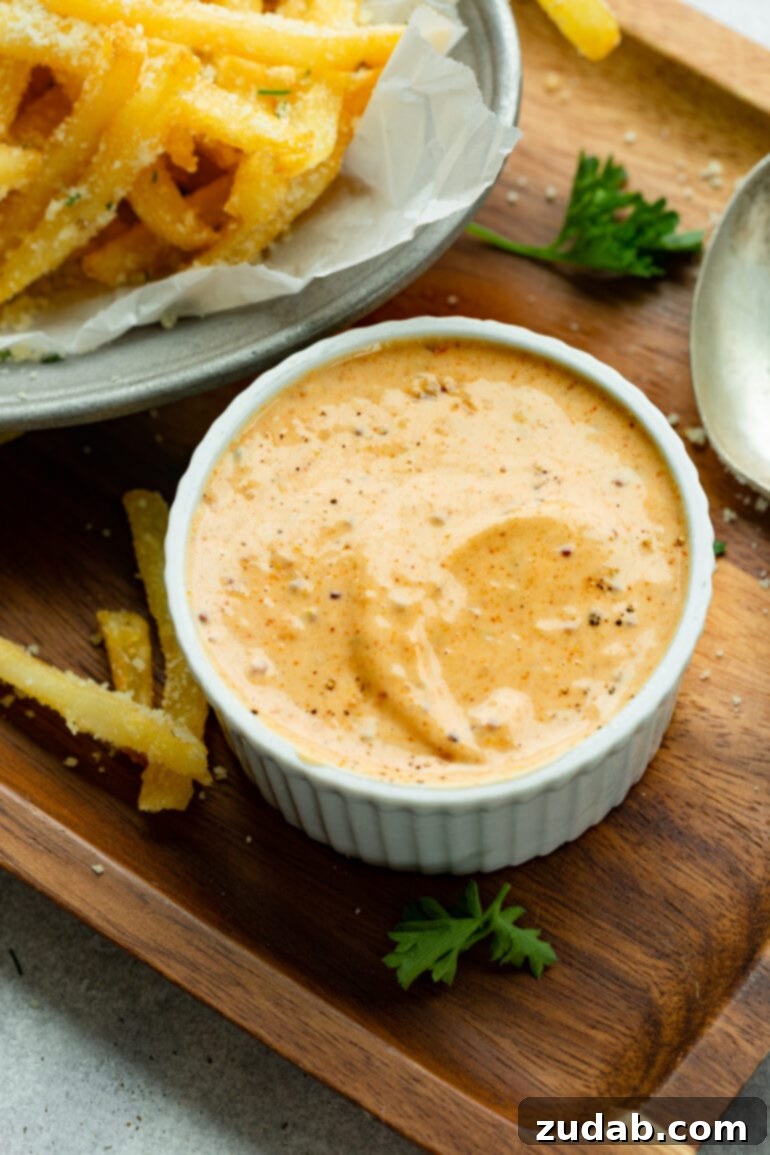 Disneyland's Iconic French Fry Recipe 8 A close-up photo of a ramekin filled with a creamy, golden Cajun dipping sauce, perfect for a plate of homemade French fries.