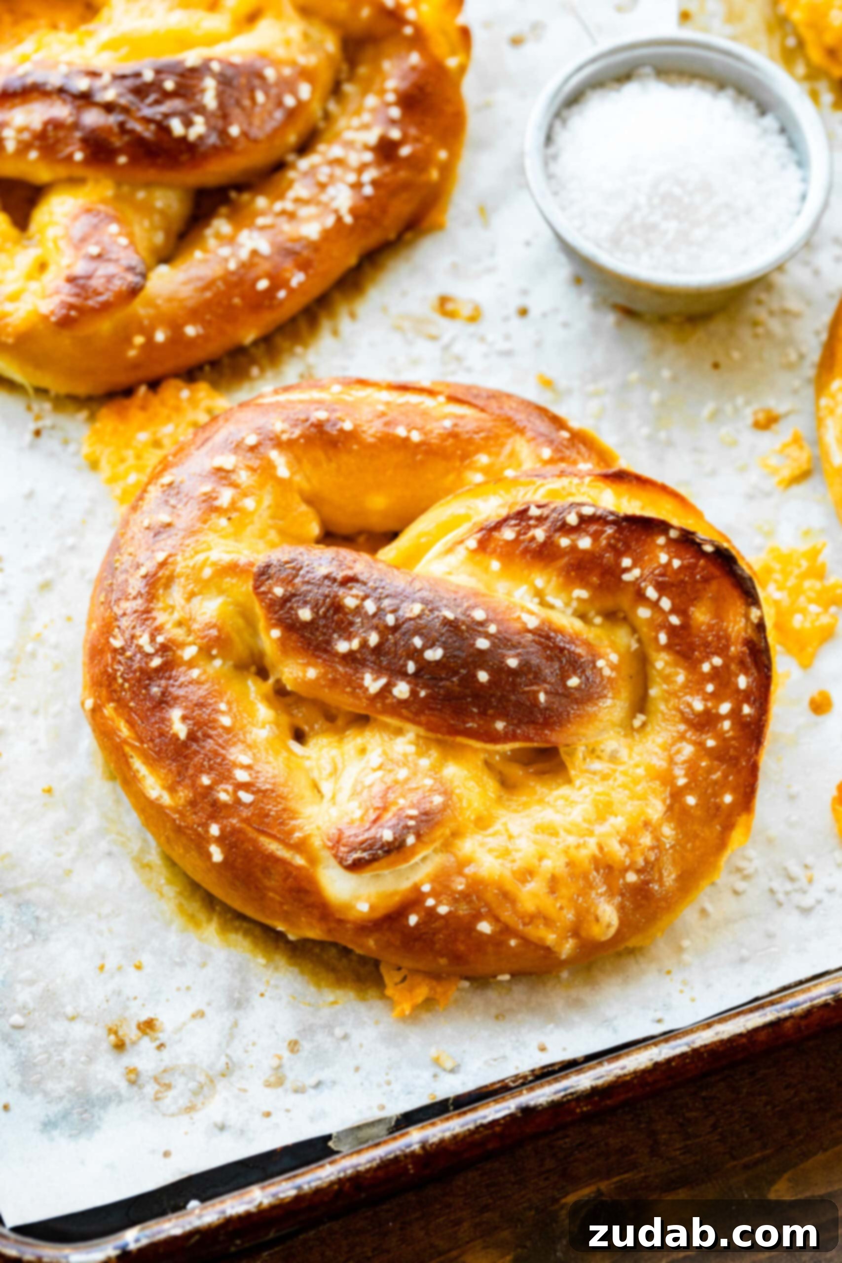 Cheese Stuffed Pretzels A perfectly baked golden soft pretzel, generously sprinkled with coarse salt, featuring melted cheese oozing invitingly from its sides, resting on white parchment paper.