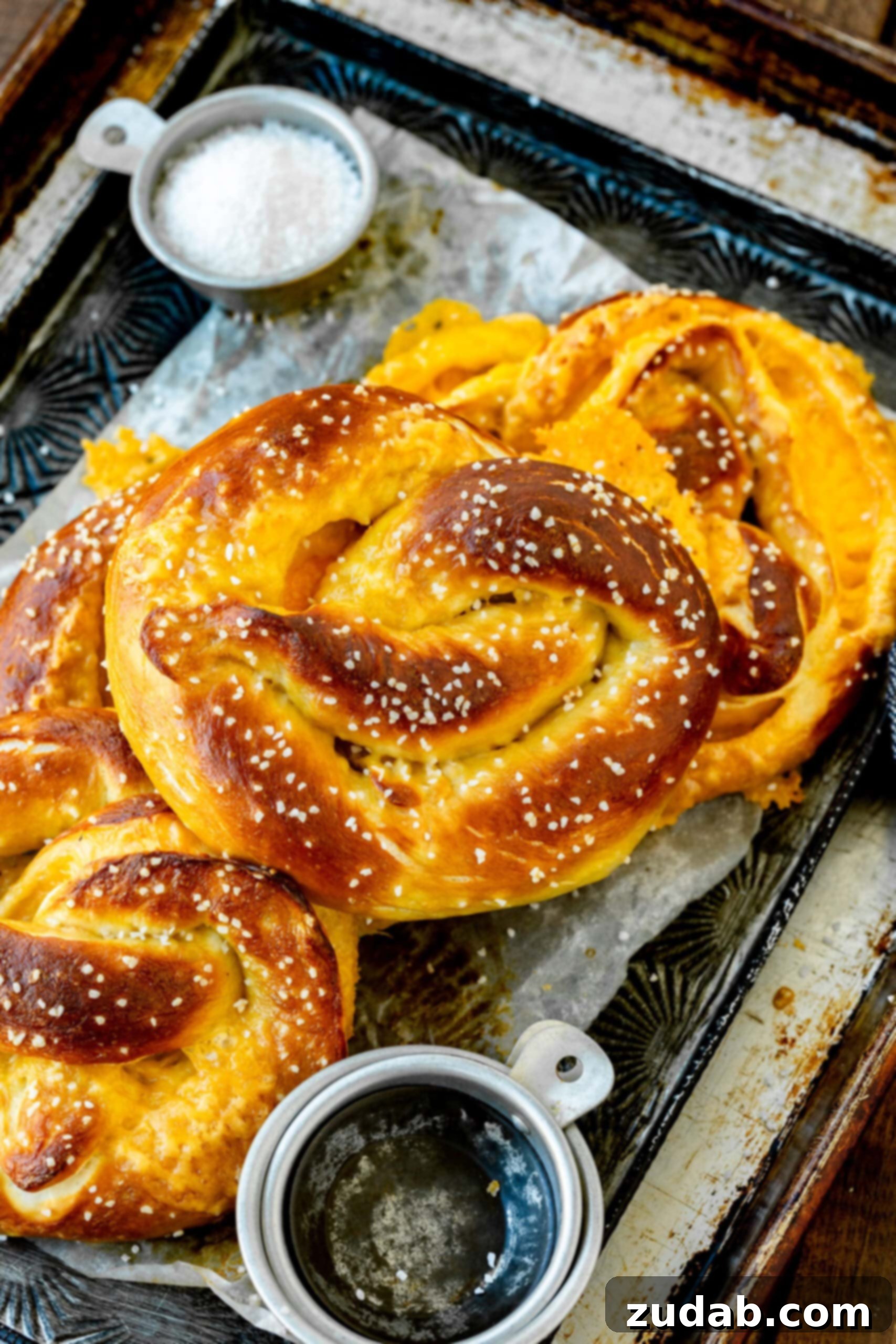 Cheese Stuffed Pretzels A tantalizing array of golden baked soft pretzels, each generously stuffed with cheese and speckled with coarse salt, arranged invitingly.