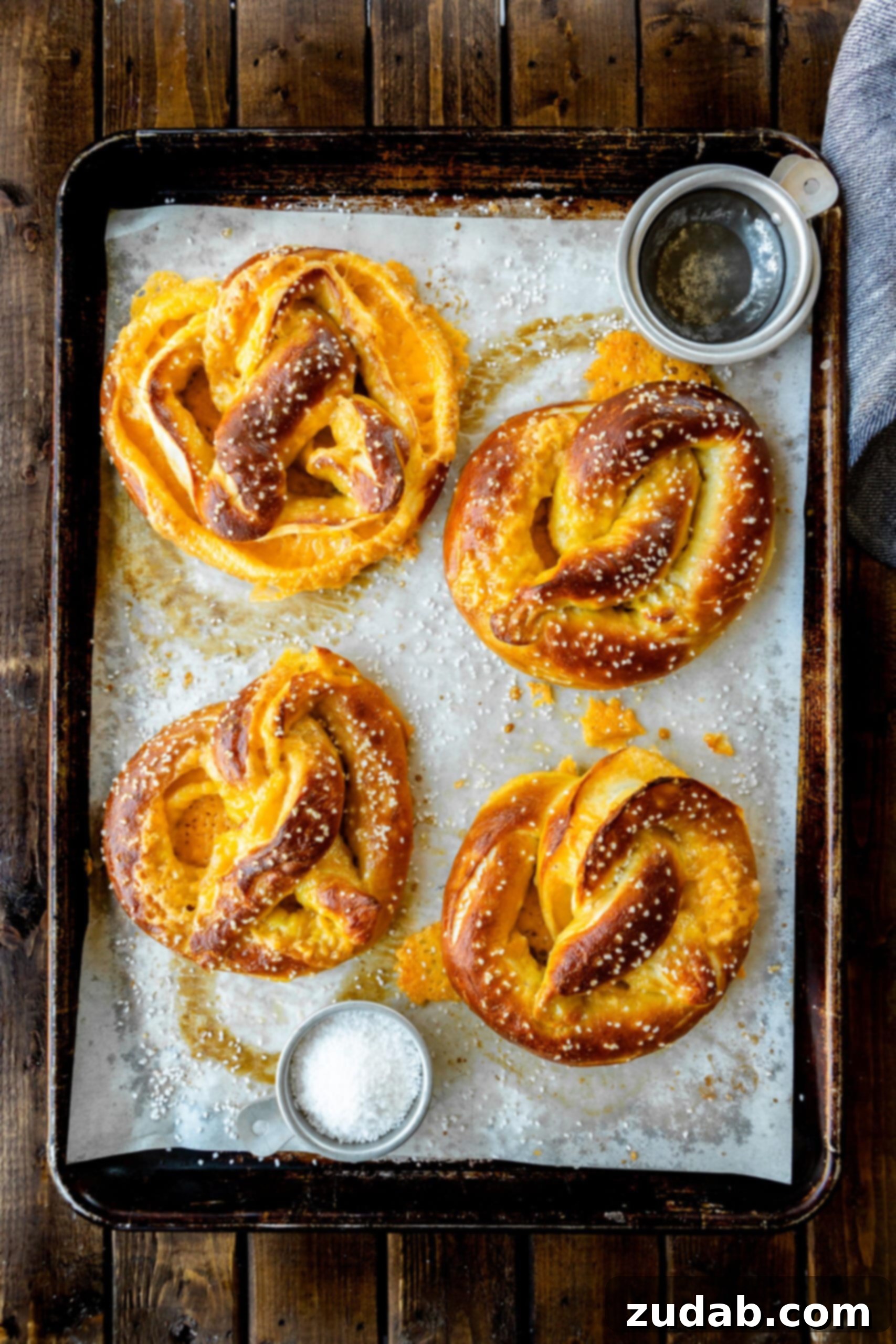 Cheese Stuffed Pretzels A pristine arrangement of four golden baked cheese stuffed pretzels, generously adorned with coarse white salt, resting on a metal baking sheet lined with white parchment paper. A small bowl of coarse salt sits nearby, ready for use.