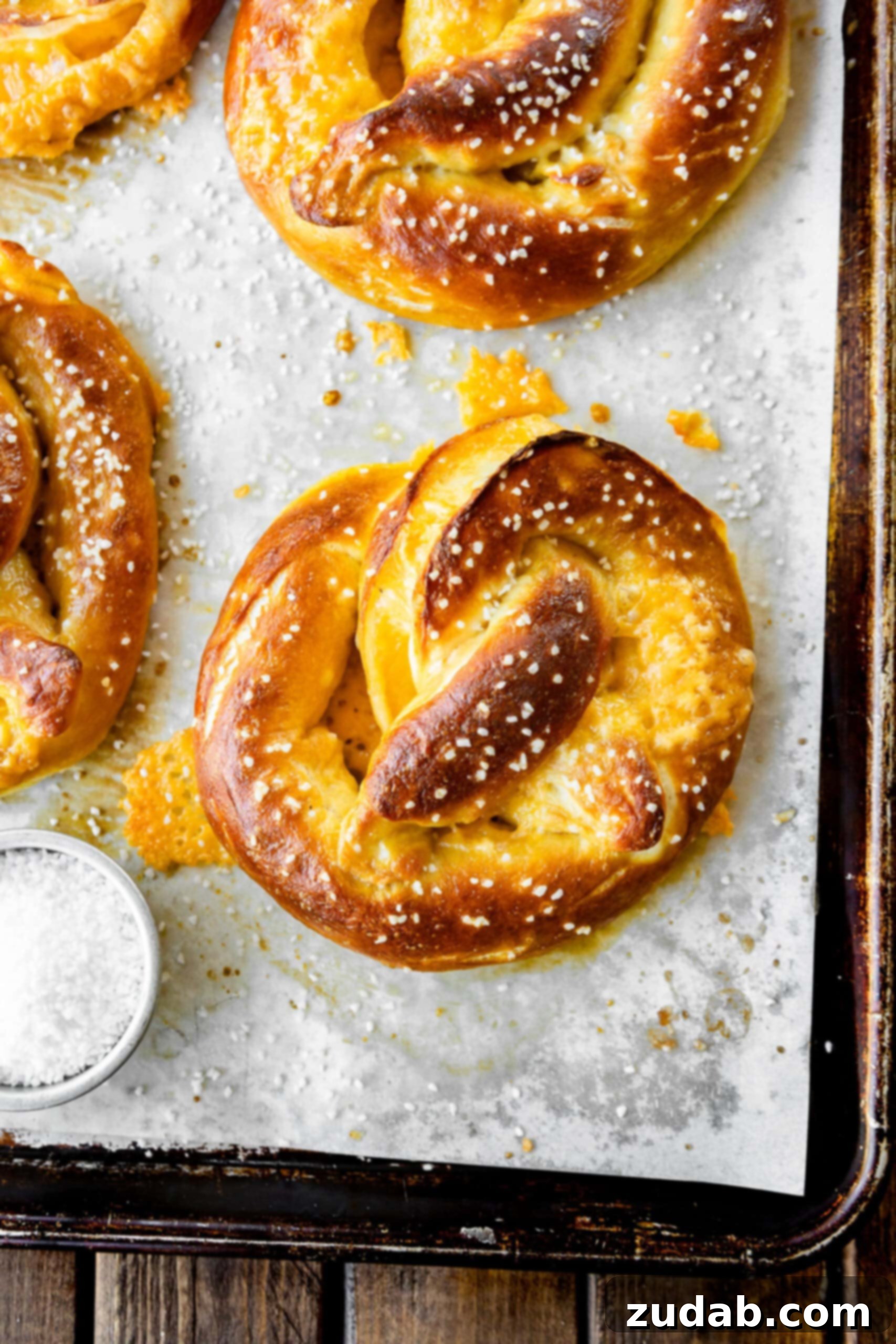 Cheese Stuffed Pretzels A single, perfectly baked golden soft pretzel, brimming with melted cheddar cheese and adorned with coarse salt, surrounded by a medley of other baked pretzels and a small metal bowl overflowing with coarse salt.