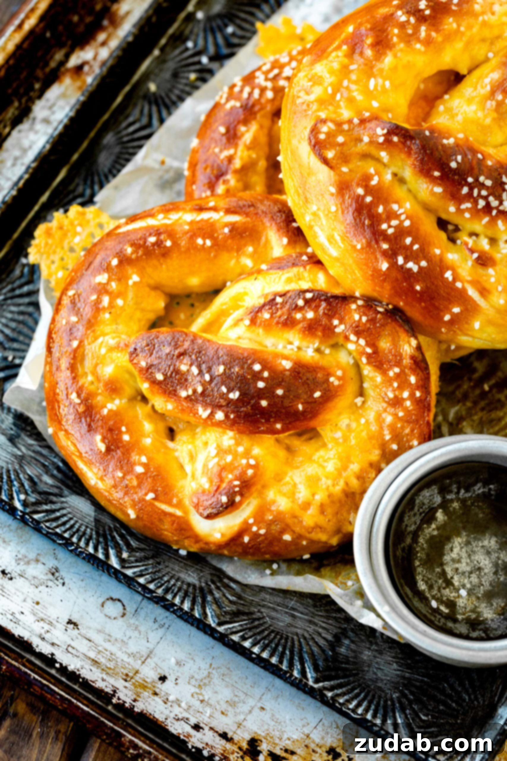 Cheese Stuffed Pretzels A generous stack of golden baked large soft pretzels, piled artfully on a metal baking sheet, with irresistible melted cheese visibly oozing from within.