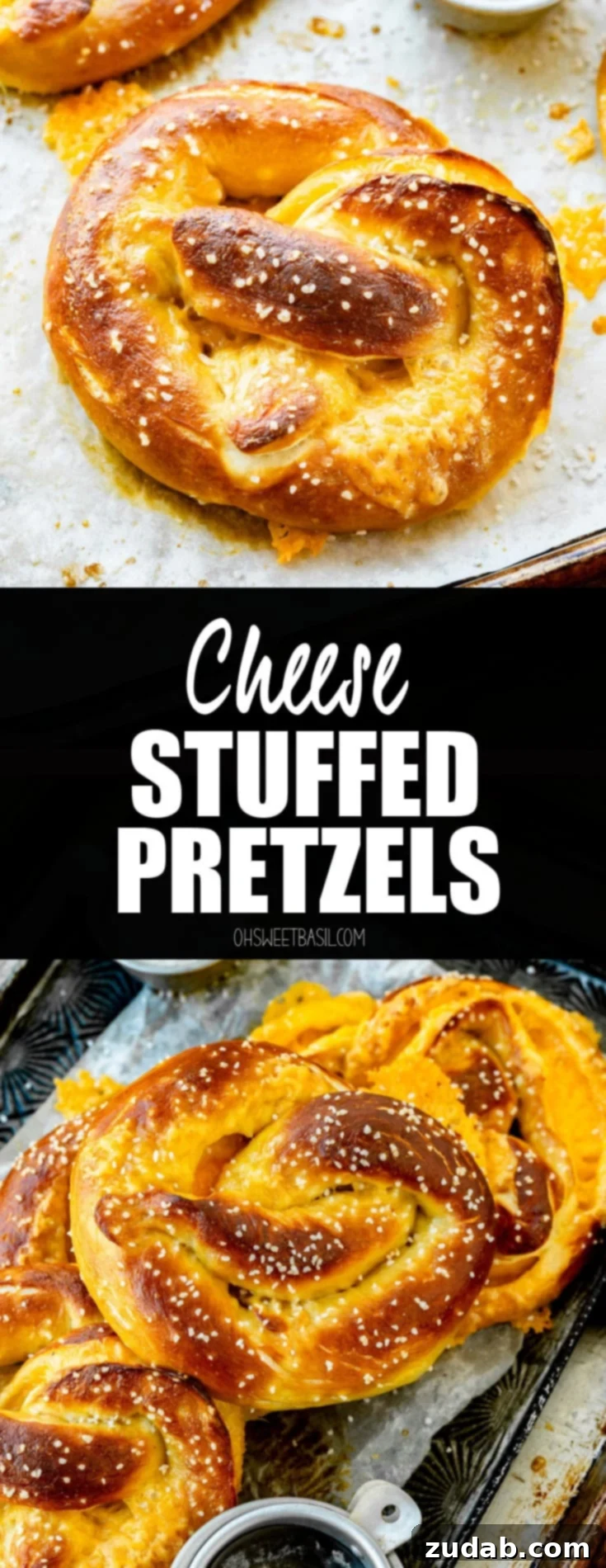 A delectable stack of homemade soft pretzels, generously stuffed with cheese and sprinkled with salt, arranged invitingly for serving.